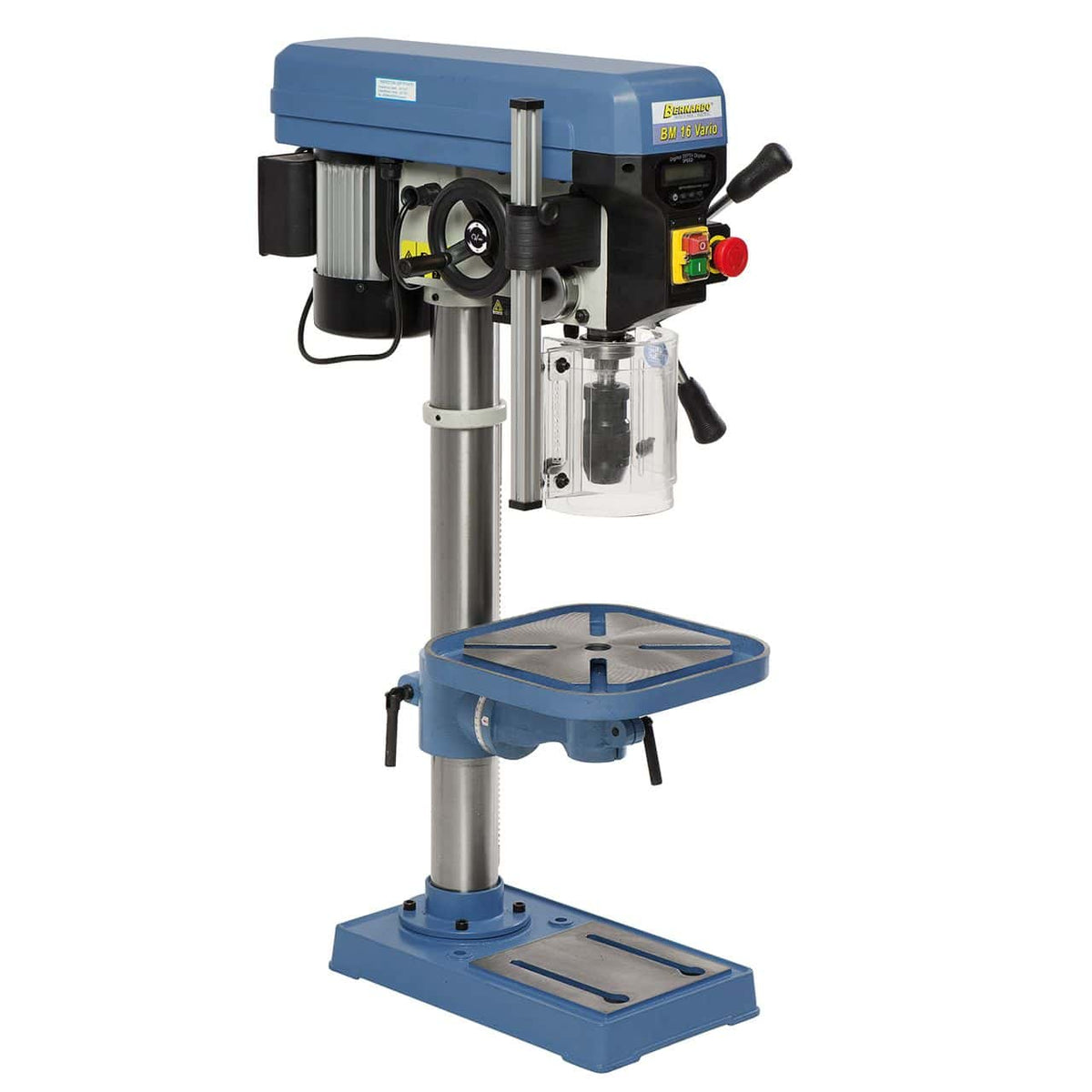 Bernardo BM 16 Vario / 230 V Tischbohrmaschine mit variabler Drehzahl und Laser – Bohrer Ø 16 mm, MT 2 Kegel, Drehzahl 400–1950 U/min, digitale Drehzahl- und Hubanzeige, 0,55 kW 230-V-Motor, Gewicht 46 kg