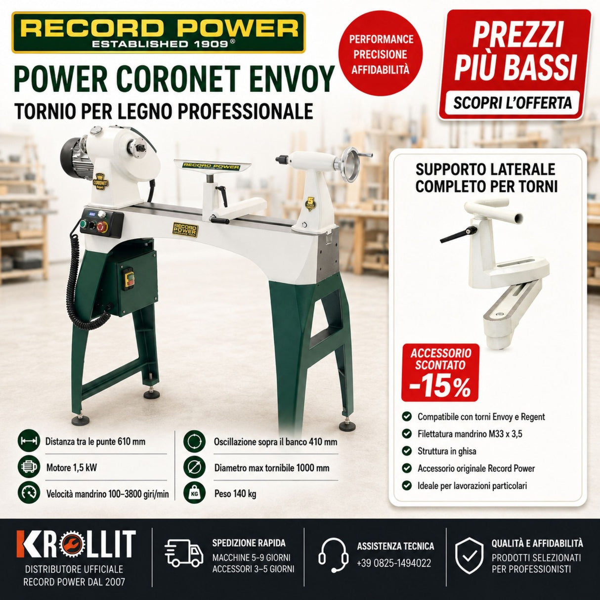 Record Power CORONET ENVOY Drechselbank Kombi + Komplettes Seitenuntergestell