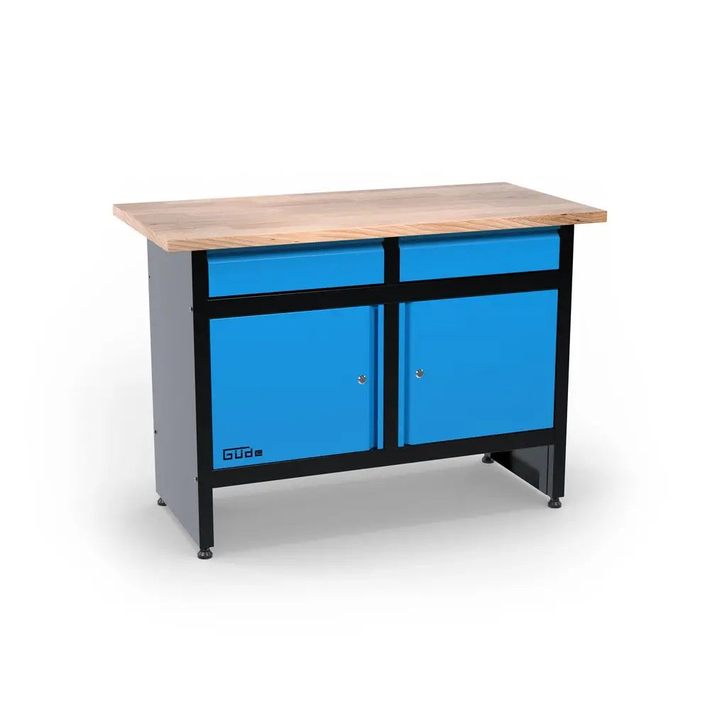 Banco da lavoro Guede GW 2/2 con piano in legno massello rubberwood, due cassetti a estrazione totale e ante con serratura, ideale per officina e garage.