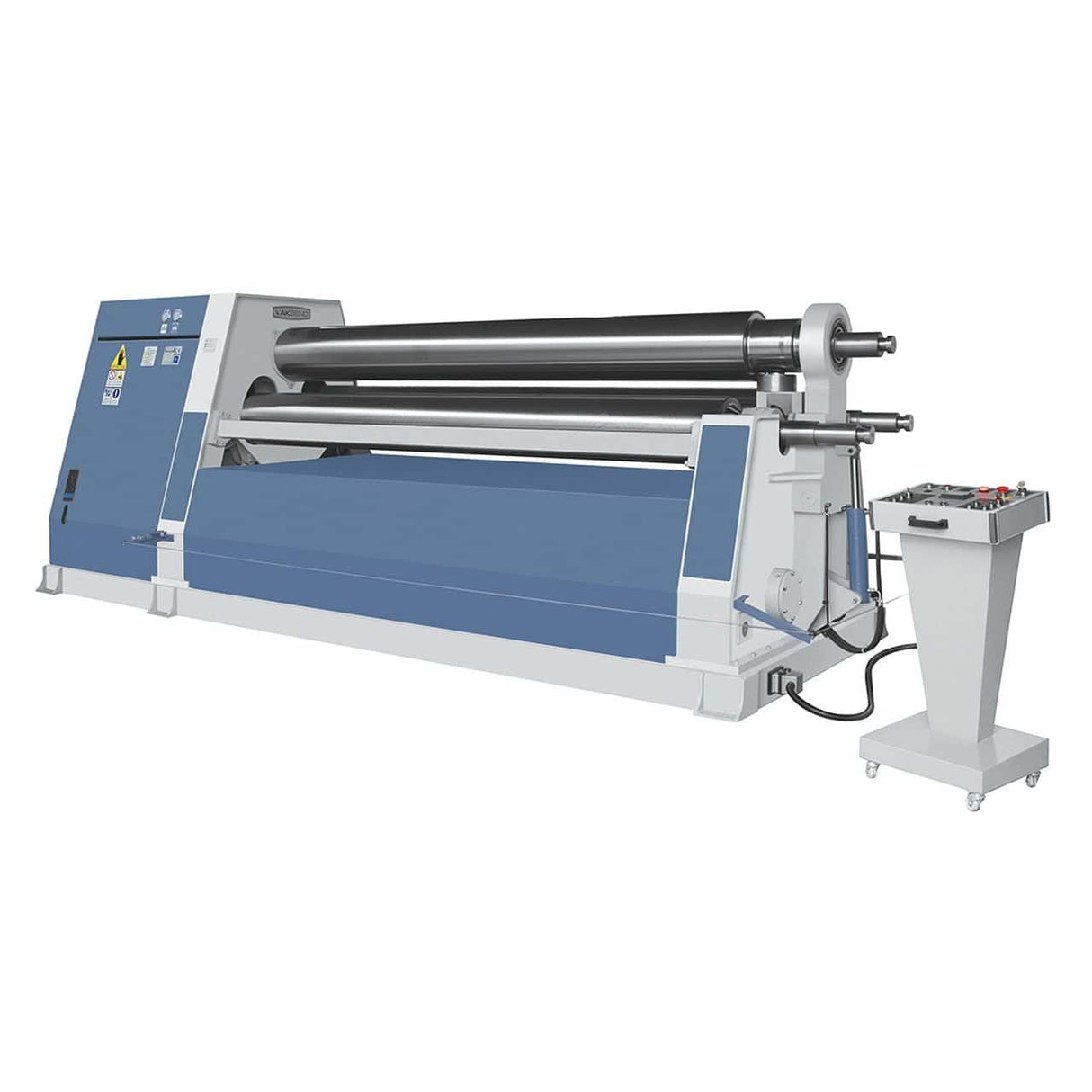 Calandra idraulica Bernardo AHK 2100 – 30,0 a 3 rulli, capacità 40 mm x 2100 mm, con motore da 22 kW e struttura da 17 tonnellate.