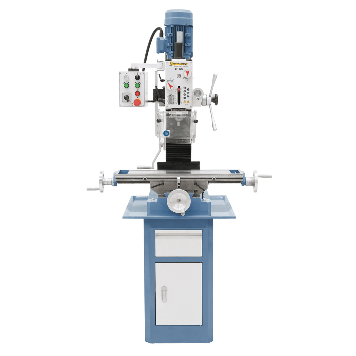 Trapano-fresatrice Bernardo BF 30 G con tavola a croce in ghisa 700 x 190 mm, testa inclinabile ±45°, 12 velocità e rotazione destra/sinistra per filettatura.