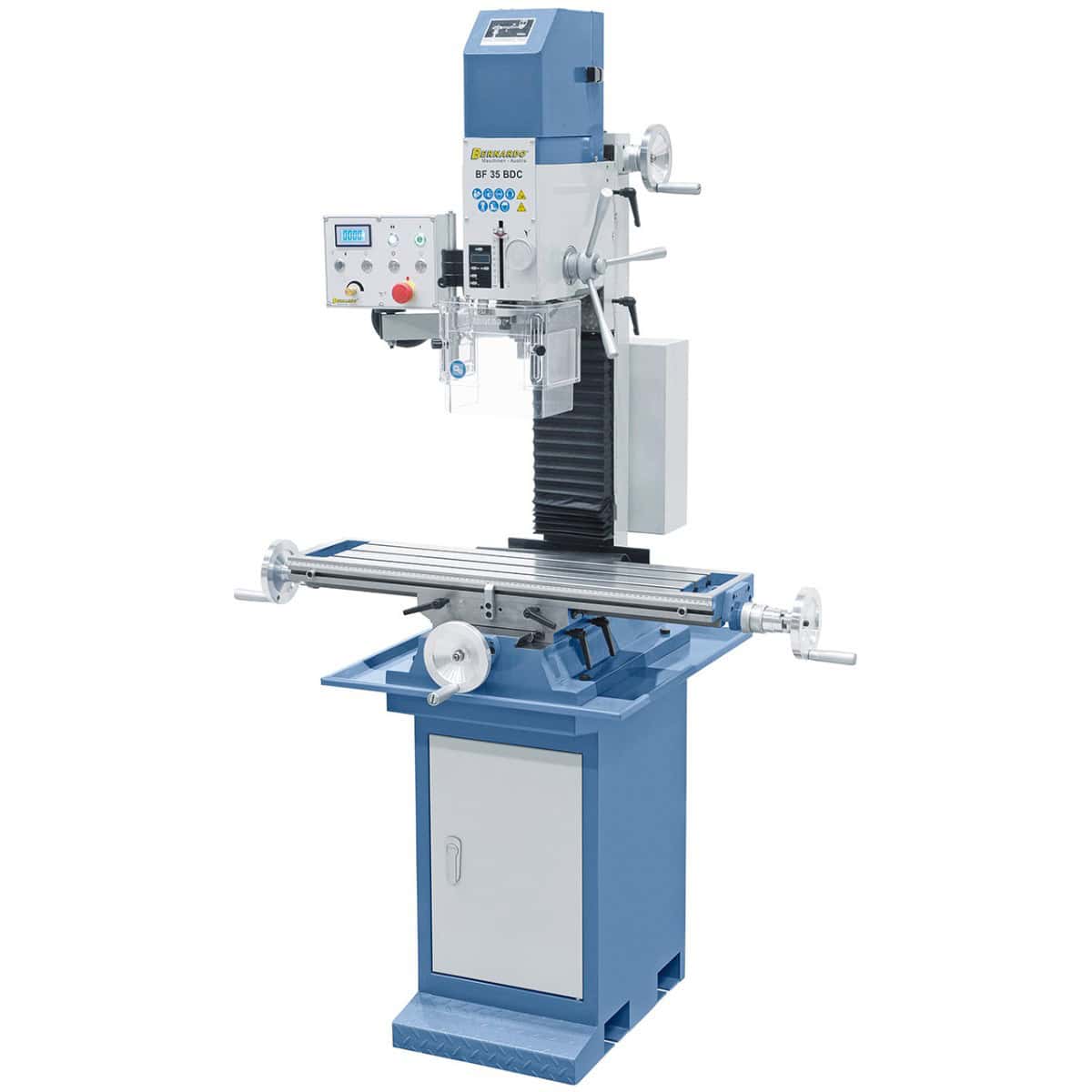 Trapano-fresatrice Bernardo BF 35 BDC con tavola a croce 840 x 210 mm, testa inclinabile ±90°, velocità variabile continua e indicatori digitali inclusi.