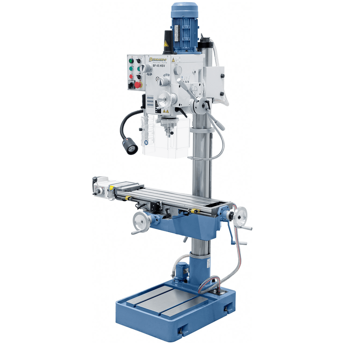 Trapano-fresatrice Bernardo BF 45 HSV con tavola 730 x 210 mm, testa inclinabile ±90°, avanzamento automatico mandrino e asse X, velocità variabile fino a 3200 rpm.