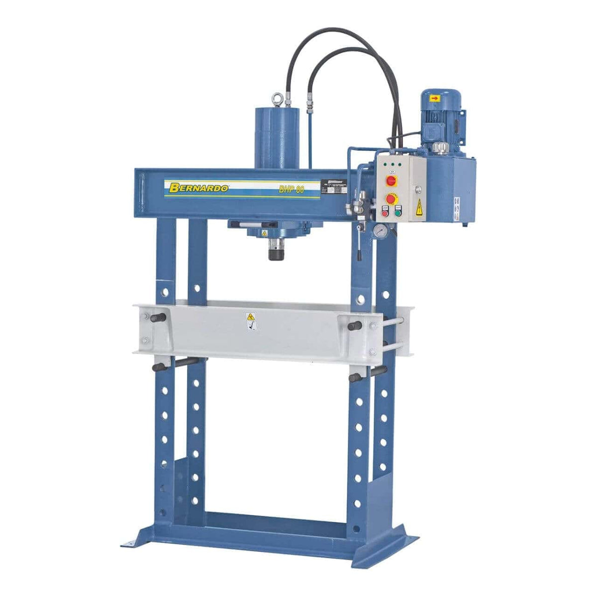 Pressa idraulica Bernardo BHP 80 da 80 ton con cilindro scorrevole, piano regolabile e manometro integrato, ideale per officine e reparti industriali.