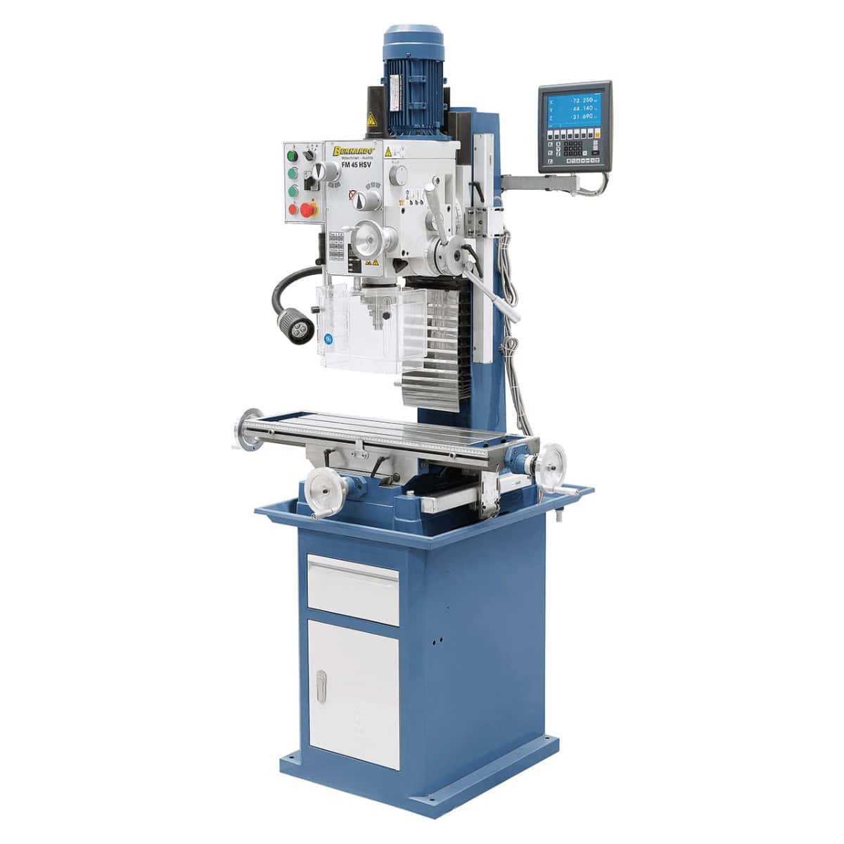 Trapano-fresatrice Bernardo FM 45 HSV con testa inclinabile ±60°, tavola 800 x 240 mm, motore a 2 stadi e visualizzatore digitale a 3 assi ES-12 V.