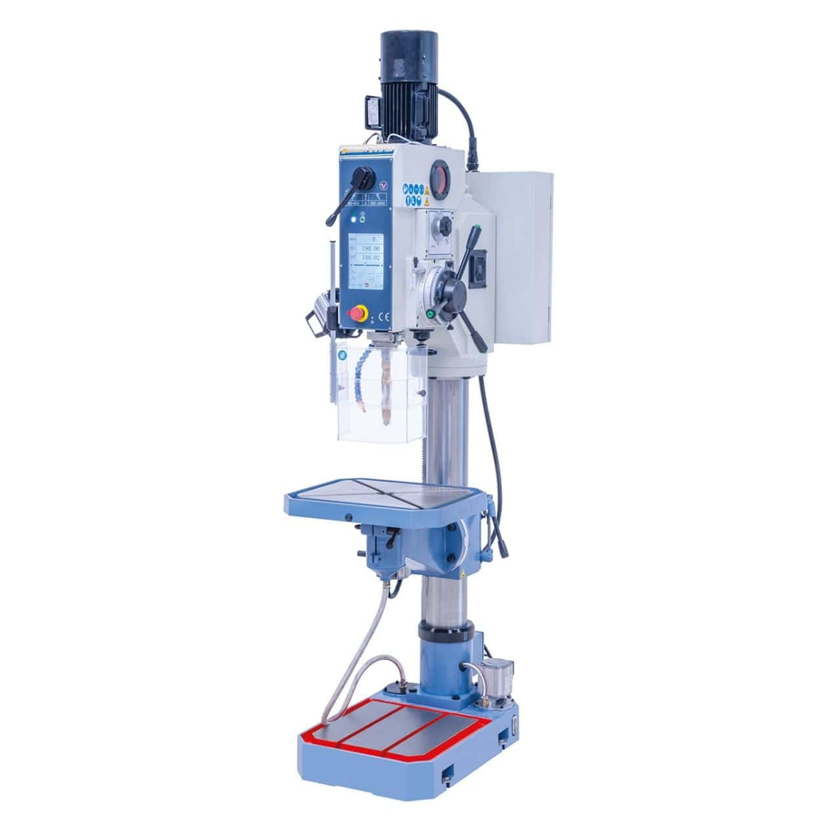 Trapano a colonna Bernardo GB 45 NC Vario con touchscreen, 4 avanzamenti automatici, tavola inclinabile e girevole, pompa di refrigerazione integrata e capacità di foratura fino a 45 mm.