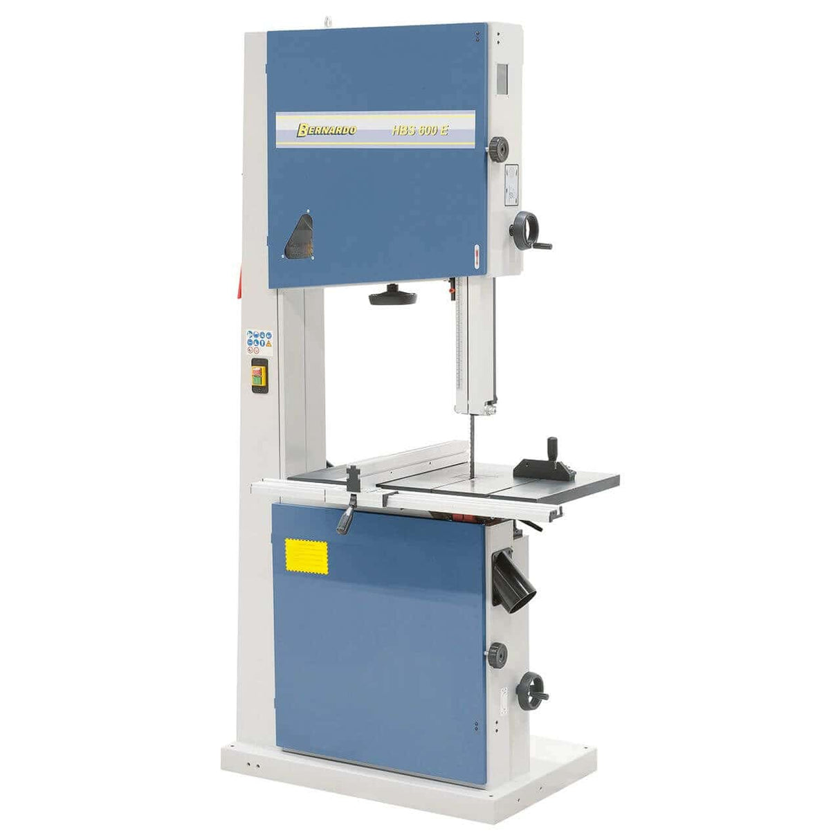 Sega a nastro per legno Bernardo HBS 600 E con capacità di taglio 600 × 430 mm, motore 3,5 kW e guida a 3 rulli di precisione.