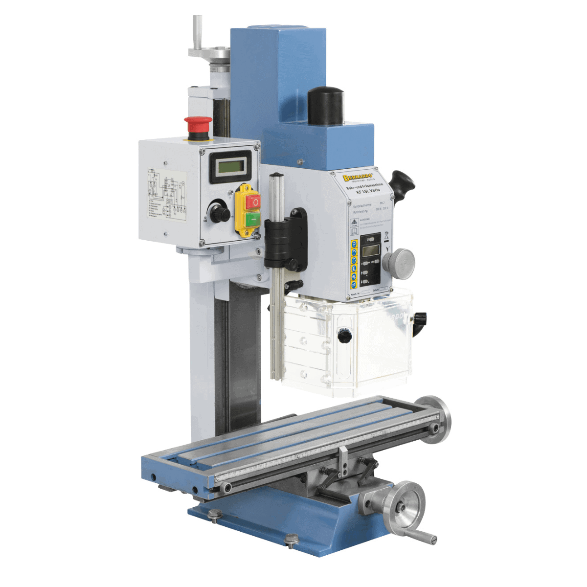 Trapano-fresatrice Bernardo KF 16 L Vario con tavola a croce 500 x 140 mm, testa inclinabile ±90°, velocità variabile continua e struttura compatta in ghisa.