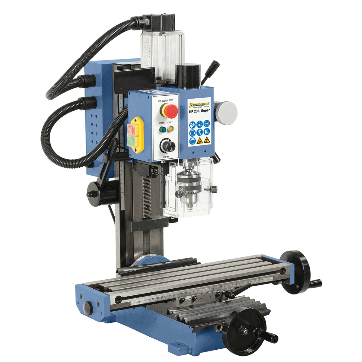 Trapano e fresatrice Bernardo KF 20 L Super con tavola a croce e testa girevole, ideale per foratura e fresatura di precisione.