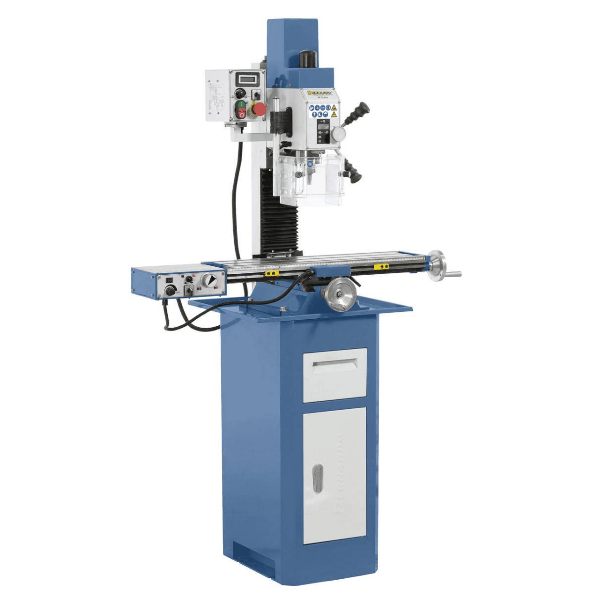 Trapano-fresatrice Bernardo KF 25 PRO con tavola a croce 700 x 180 mm, testa inclinabile ±90°, velocità variabile continua e avanzamento automatico asse X.