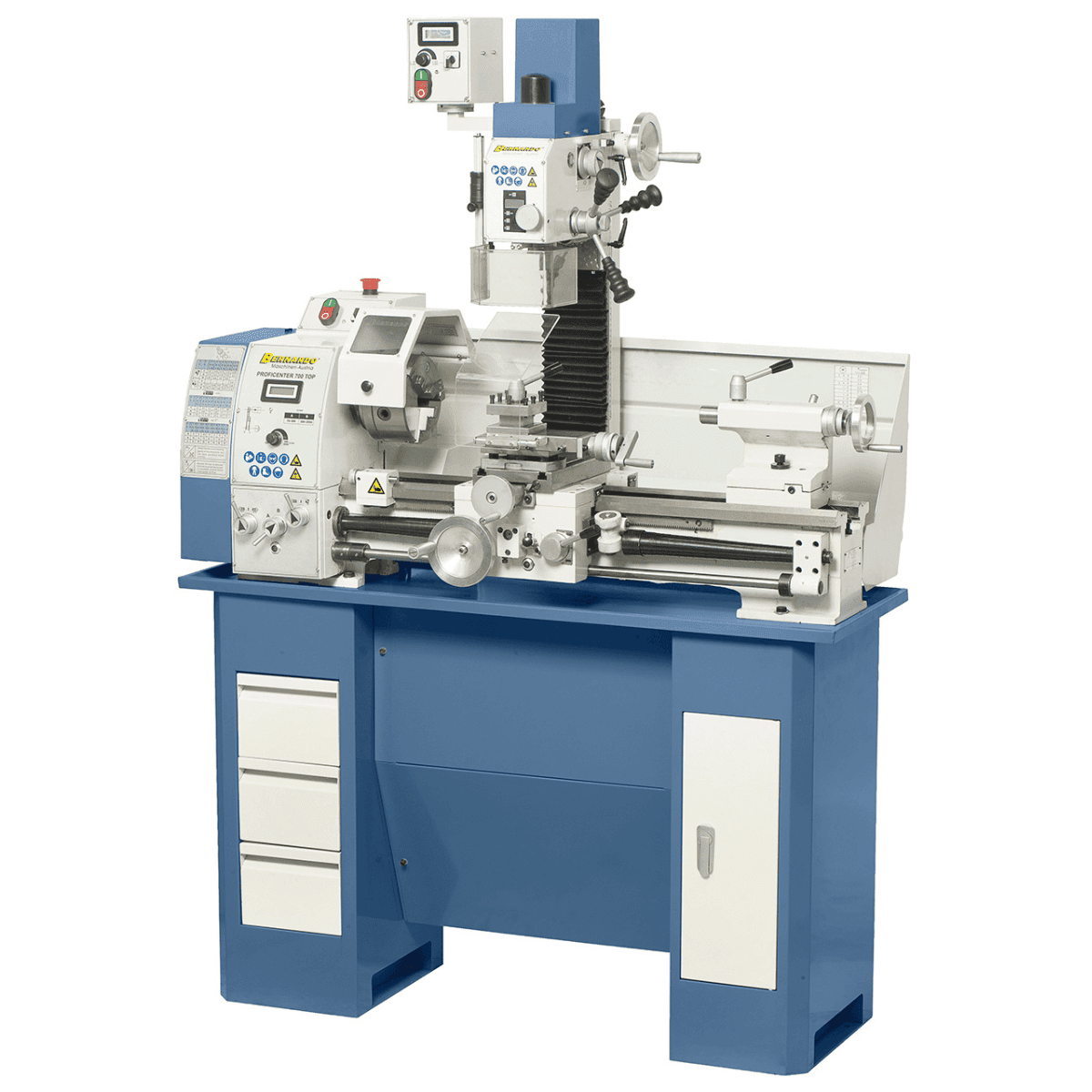 Macchina combinata Bernardo Proficenter 700 Top con tornio da 700 mm e fresatrice integrata inclinabile ±90°, dotata di mandrino a 3 griffe e accessori.