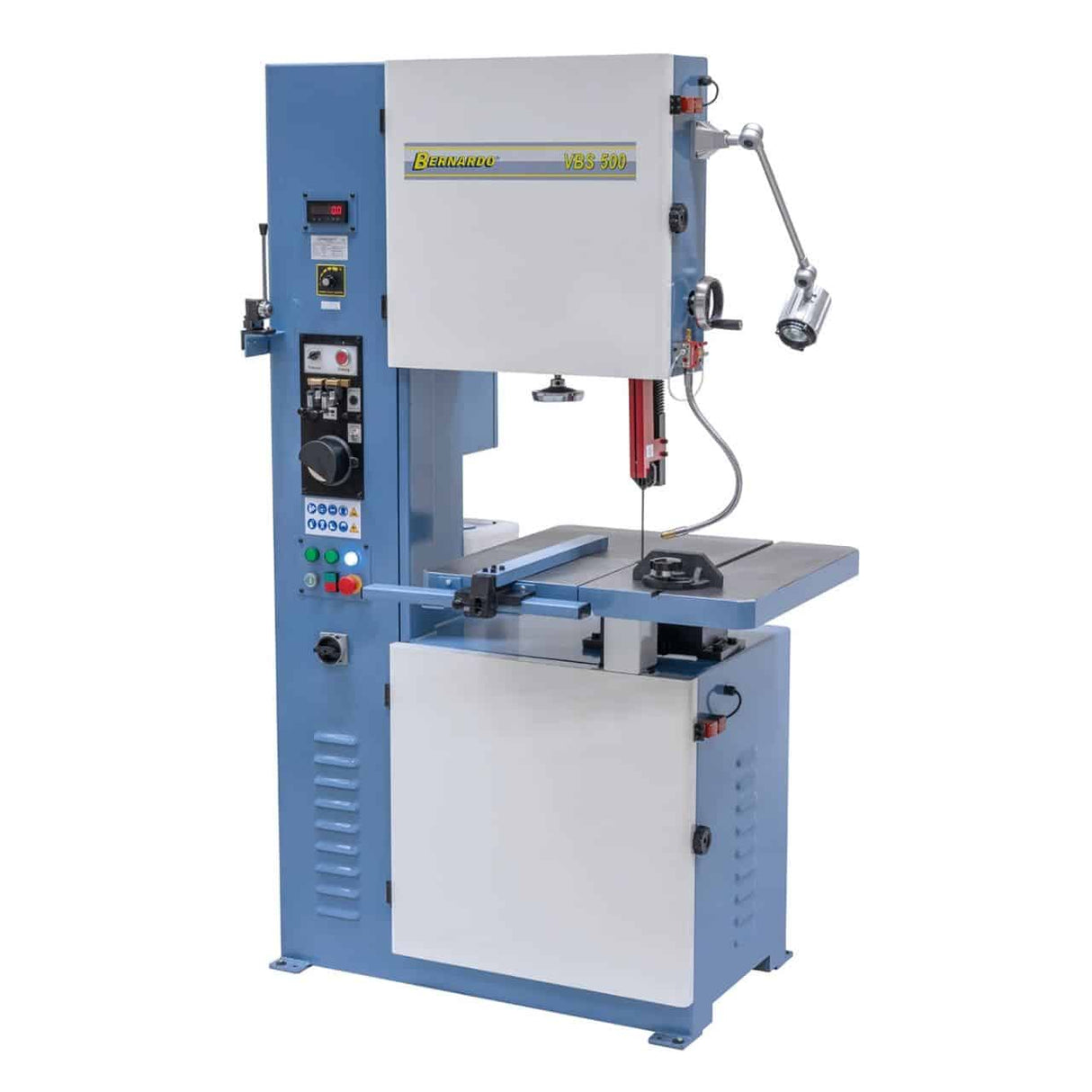 Sega a nastro verticale Bernardo VBS 500 con tavolo inclinabile, velocità variabile, saldatrice lama e sistema di microrefrigerazione.