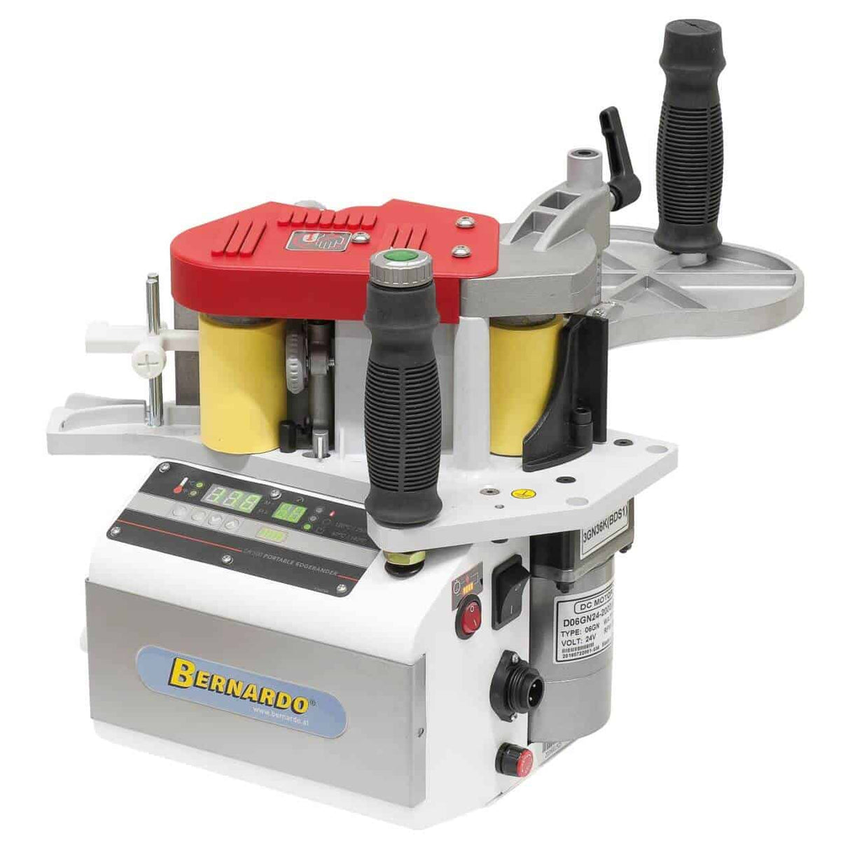Bernardo DR 500, bordatrice portatile con regolazione digitale della temperatura, velocità variabile e batteria integrata, ideale per ABS, PVC, melaminico e impiallacciatura.