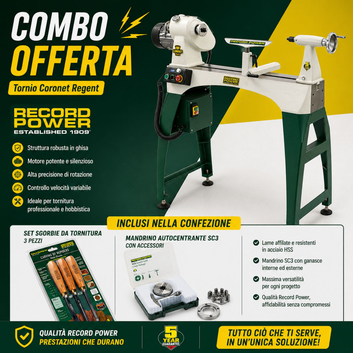 Tornio per legno Record Power Coronet Regent in versione combo, ideale per tornitura professionale con elevata stabilità, potenza e precisione su pezzi di grandi dimensioni.