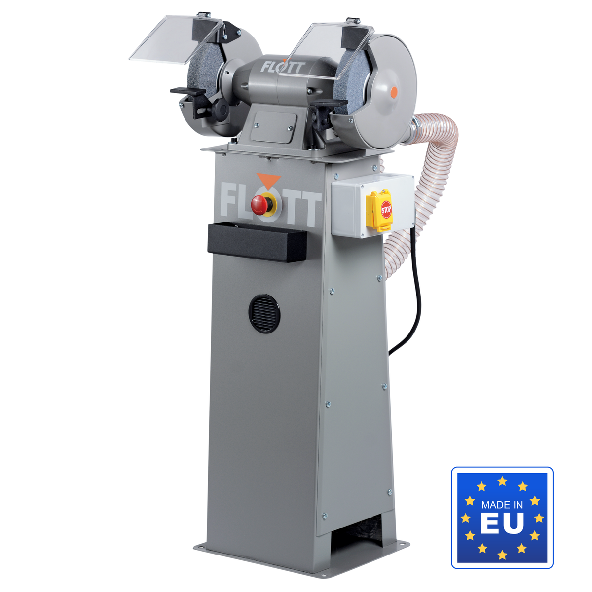 Mola da banco doppia Flott TS 200 Pro, con protezioni laterali chiuse, motore trifase silenzioso e due mole da 200 mm, ideale per affilatura e sbavatura continua.