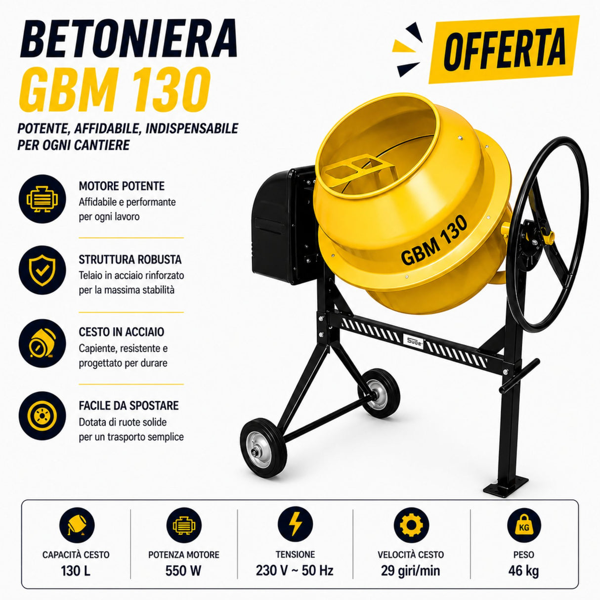Betoniera Güde GBM 130, ideale per miscelazione di cemento, malta e materiali da costruzione, con struttura robusta e facile utilizzo per lavori edili.