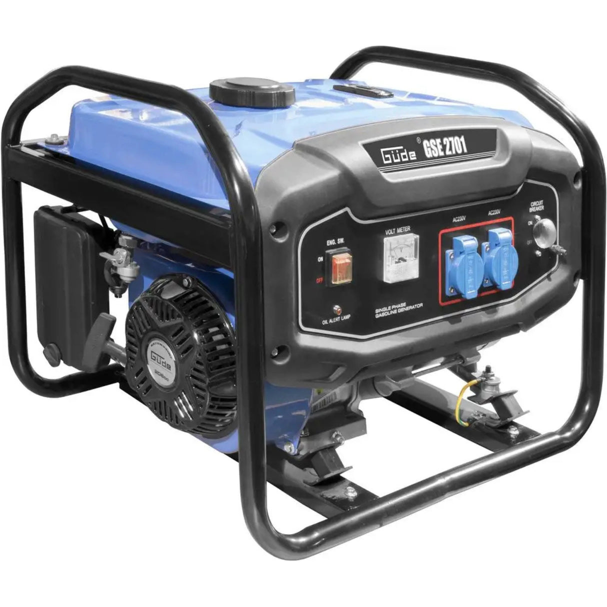 Motore 4-Takt OHV dotato di regolazione AVR per stabilità tensione. Avviamento manuale reversibile a strappo. Protezione automatica olio insufficiente e sovraccarico.