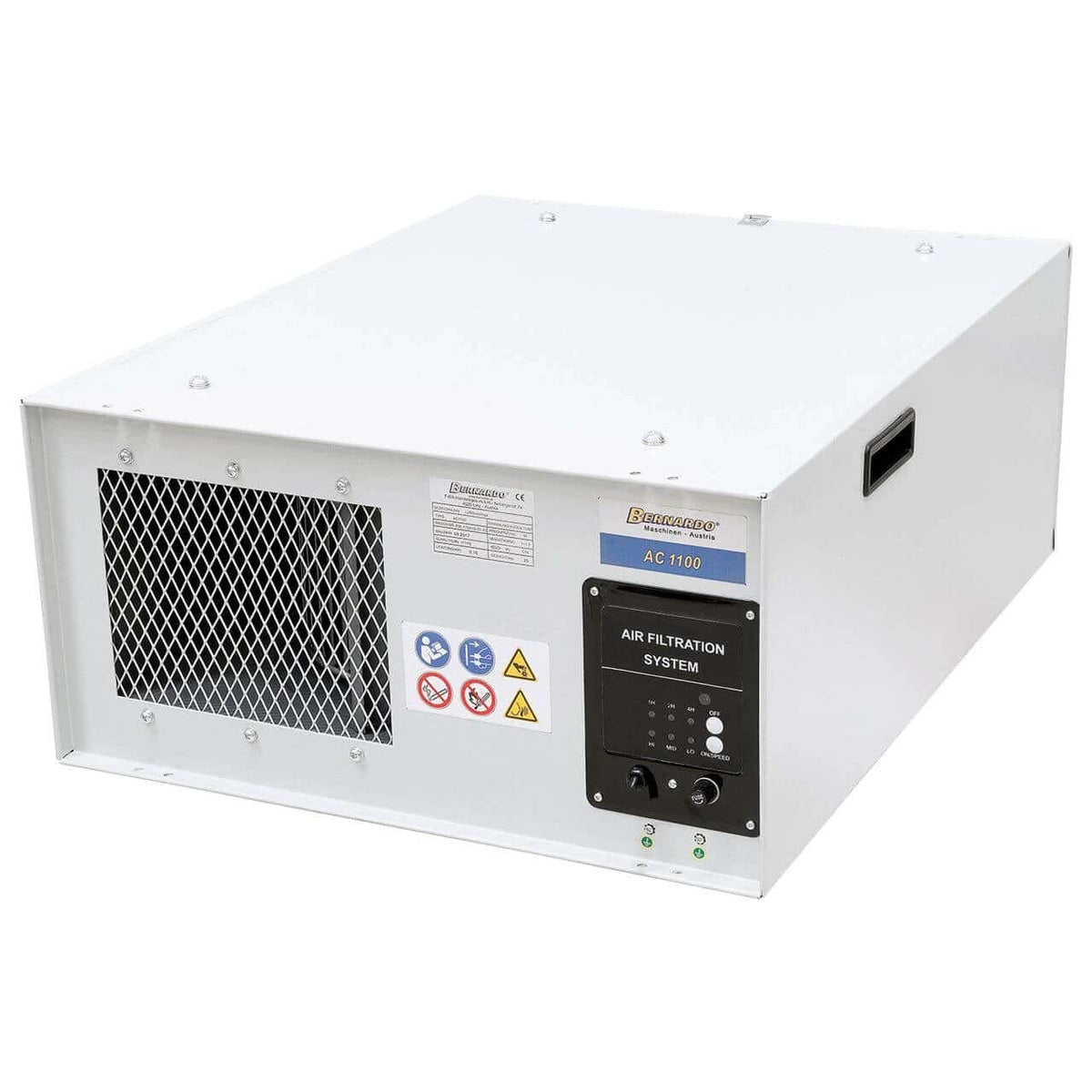 Impianto di filtrazione dell’aria Bernardo AC 1100 con doppio filtro da 1 e 5 micron, telecomando e ganci di sospensione, ideale per ambienti fino a 55 m².