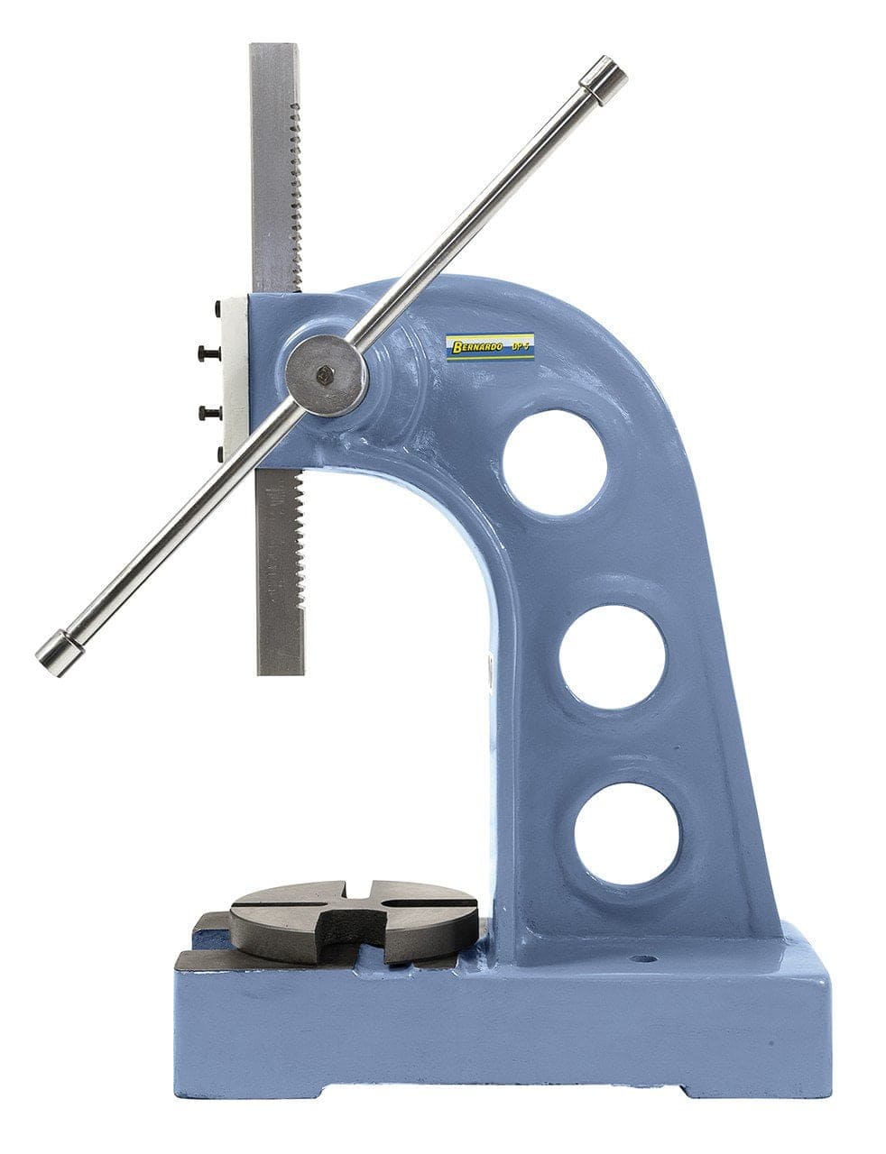 Bernardo D5 – pressa manuale a cremagliera con leva 800 mm, tavola Ø 257 mm e forza utile fino a 1560 kg.
