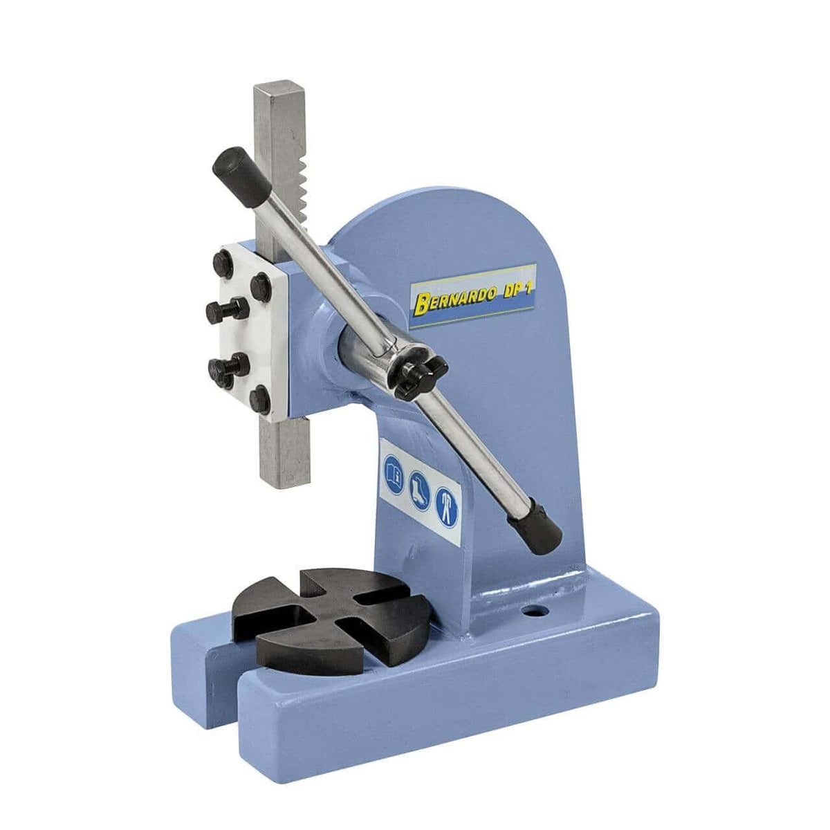Bernardo DP1 – pressa manuale a cremagliera con struttura in acciaio, forza fino a 1140 kg e tavola girevole integrata.