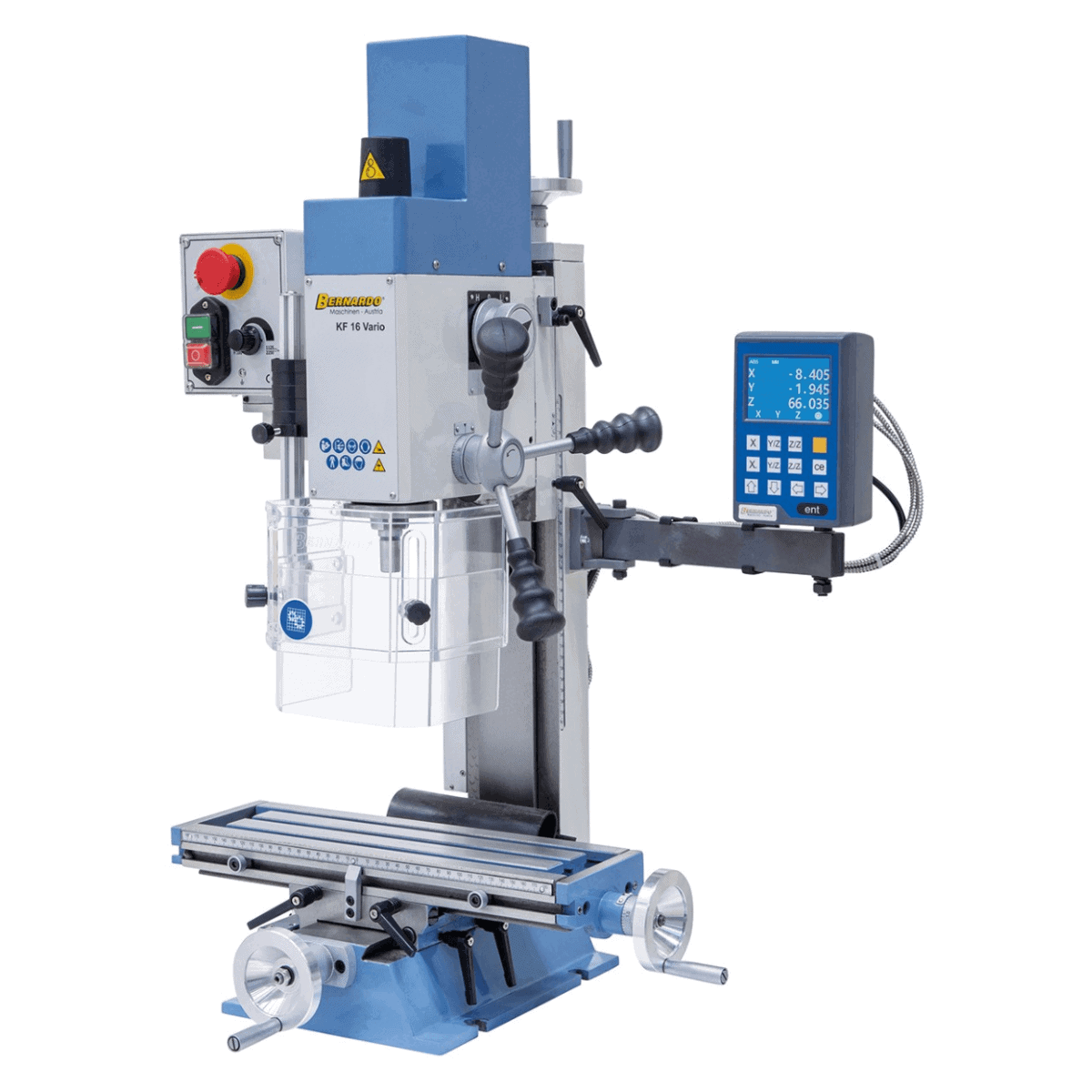 Bernardo KF 16 Vario Bohr- und Fräsmaschine mit 3-Achs-Digitalanzeige DT 40 – Bohrer Ø 16 mm, Planfräser Ø 50 mm, Tisch 400 × 120 mm, Schwenkkopf -90°/+90°, 0,5 kW Motor, 230 V Einphasenstrom, Gewicht 60 kg