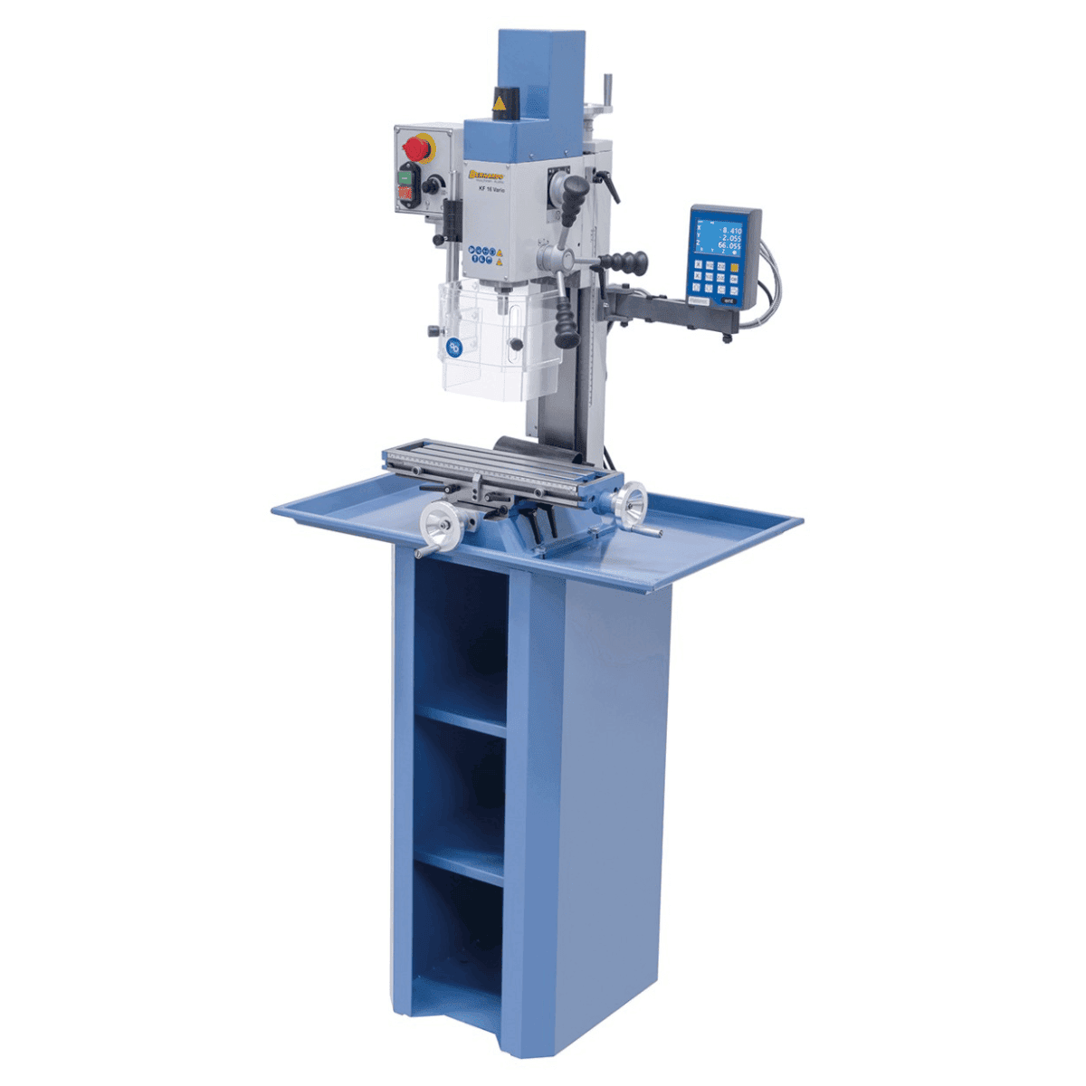 Bernardo KF 16 Vario Bohr- und Fräsmaschine mit 3-Achs-Digitalanzeige DT 40 – Bohrer Ø 16 mm, Planfräser Ø 50 mm, Tisch 400 × 120 mm, Schwenkkopf -90°/+90°, 0,5 kW Motor, 230 V Einphasenstrom, Gewicht 60 kg