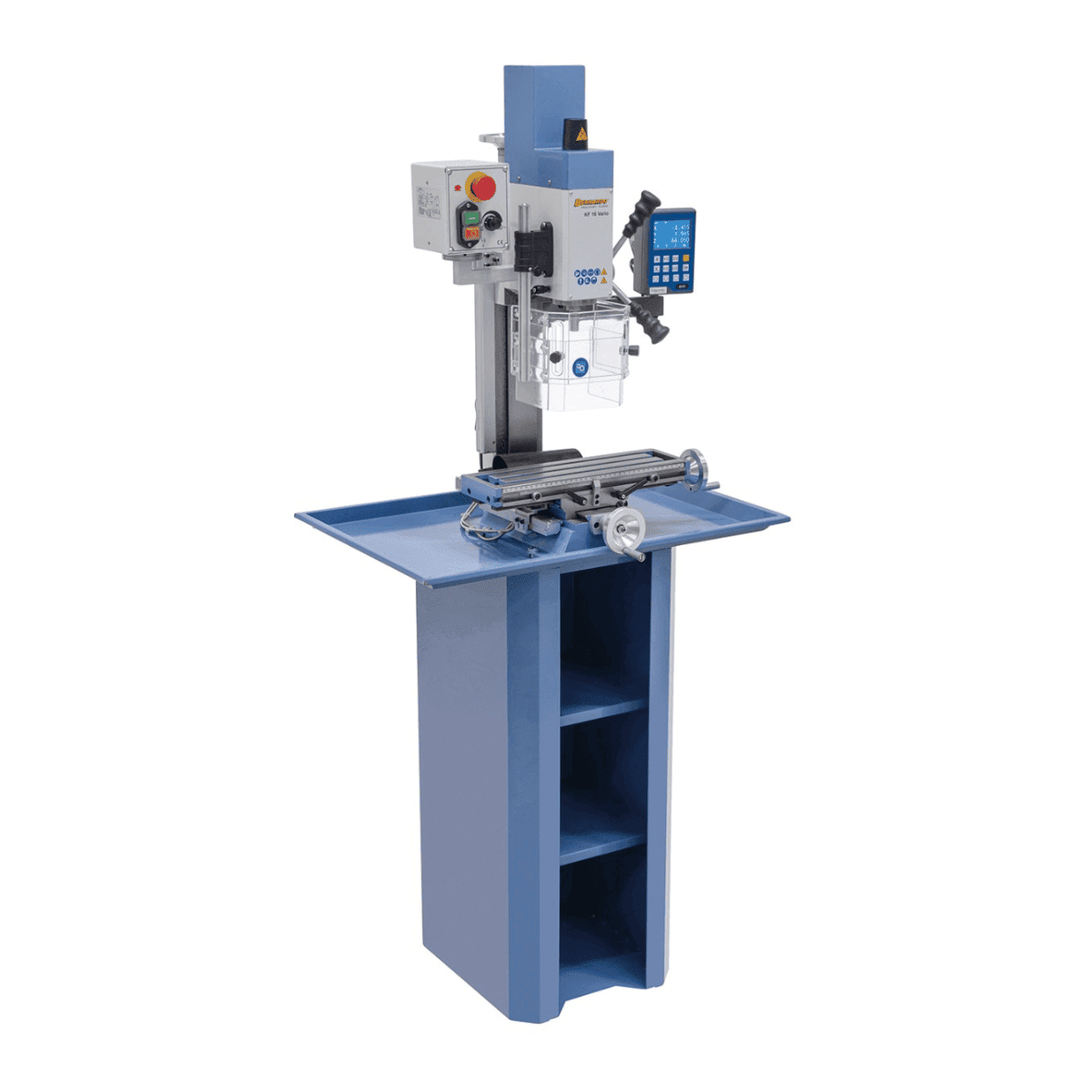 Bernardo KF 16 Vario Bohr- und Fräsmaschine mit 3-Achs-Digitalanzeige DT 40 – Bohrer Ø 16 mm, Planfräser Ø 50 mm, Tisch 400 × 120 mm, Schwenkkopf -90°/+90°, 0,5 kW Motor, 230 V Einphasenstrom, Gewicht 60 kg