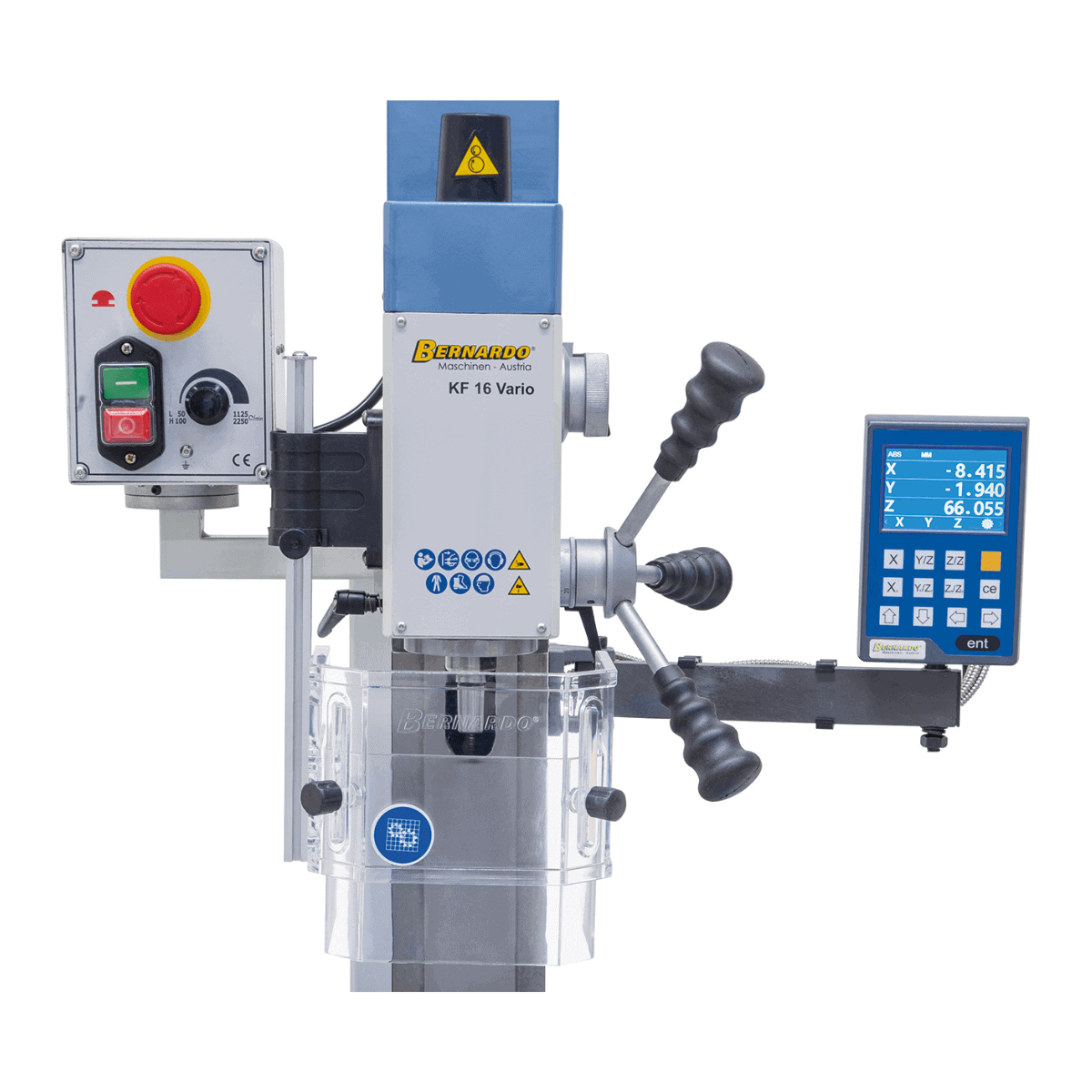 Bernardo KF 16 Vario Bohr- und Fräsmaschine mit 3-Achs-Digitalanzeige DT 40 – Bohrer Ø 16 mm, Planfräser Ø 50 mm, Tisch 400 × 120 mm, Schwenkkopf -90°/+90°, 0,5 kW Motor, 230 V Einphasenstrom, Gewicht 60 kg