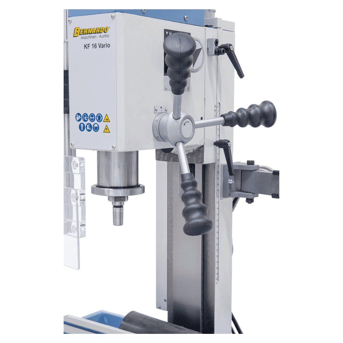 Bernardo KF 16 Vario Bohr- und Fräsmaschine mit 3-Achs-Digitalanzeige DT 40 – Bohrer Ø 16 mm, Planfräser Ø 50 mm, Tisch 400 × 120 mm, Schwenkkopf -90°/+90°, 0,5 kW Motor, 230 V Einphasenstrom, Gewicht 60 kg
