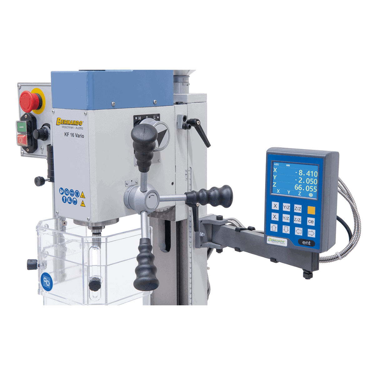 Bernardo KF 16 Vario Bohr- und Fräsmaschine mit 3-Achs-Digitalanzeige DT 40 – Bohrer Ø 16 mm, Planfräser Ø 50 mm, Tisch 400 × 120 mm, Schwenkkopf -90°/+90°, 0,5 kW Motor, 230 V Einphasenstrom, Gewicht 60 kg