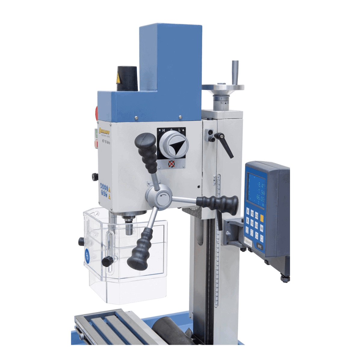 Bernardo KF 16 Vario Bohr- und Fräsmaschine mit 3-Achs-Digitalanzeige DT 40 – Bohrer Ø 16 mm, Planfräser Ø 50 mm, Tisch 400 × 120 mm, Schwenkkopf -90°/+90°, 0,5 kW Motor, 230 V Einphasenstrom, Gewicht 60 kg