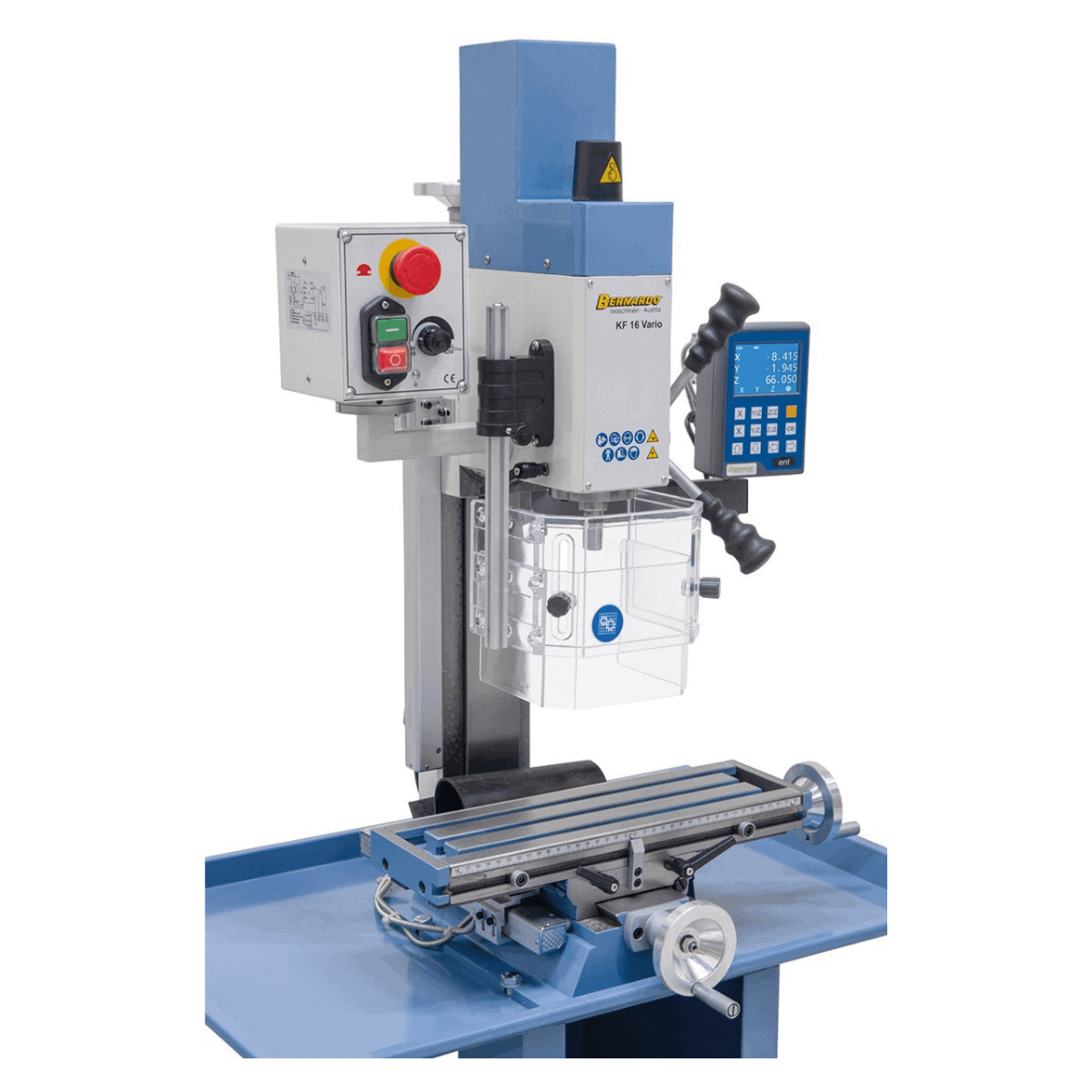 Bernardo KF 16 Vario Bohr- und Fräsmaschine mit 3-Achs-Digitalanzeige DT 40 – Bohrer Ø 16 mm, Planfräser Ø 50 mm, Tisch 400 × 120 mm, Schwenkkopf -90°/+90°, 0,5 kW Motor, 230 V Einphasenstrom, Gewicht 60 kg