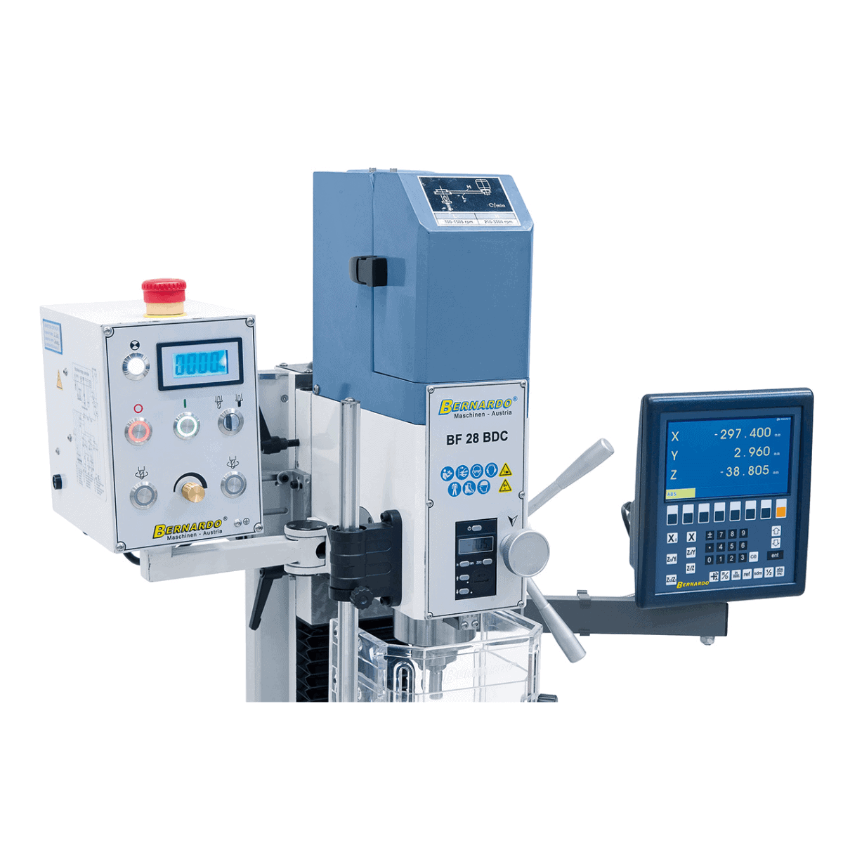 Bernardo BF 28 BDC Bohr- und Fräsmaschine mit 3-Achs-Digitalanzeige ES-12 V und automatischem X-Achsen-Vorschub AL 280 D