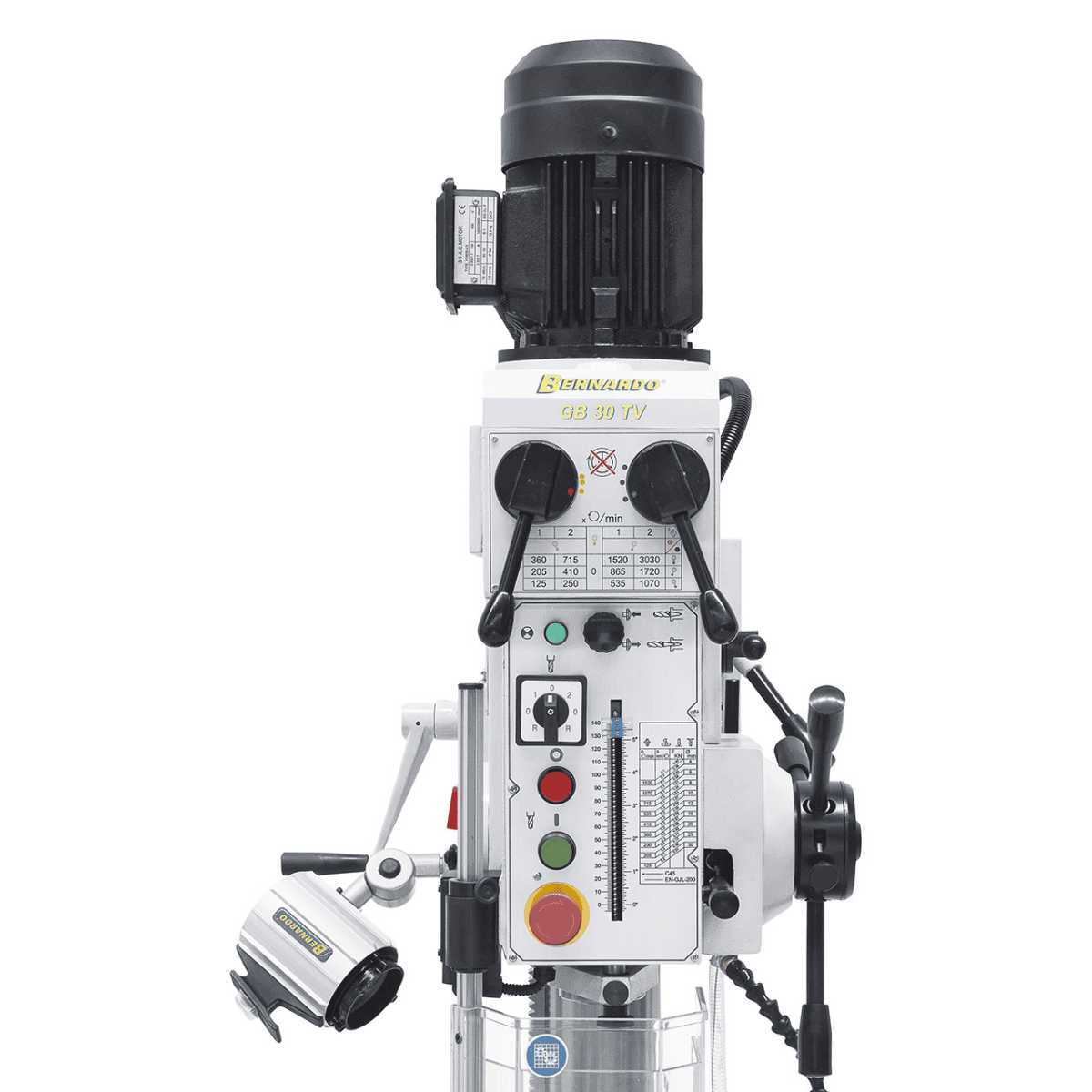 Bernardo GB 30 TV Getriebebohrmaschine mit automatischem Vorschub – Bohren Ø 32 mm, M20-Gewinde, Rundlaufgenauigkeit ≤ 0,02 mm, 12 Drehzahlen 125–3030 U/min, automatischer Werkzeugauswurf, 1,1 kW Drehstrommotor, Gewicht 235 kg