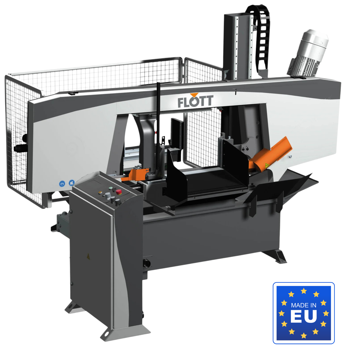 Segatrice a nastro orizzontale Flott HBS 450 SANC per uso industriale, a 2 colonne, con comando idraulico e controllo digitale.