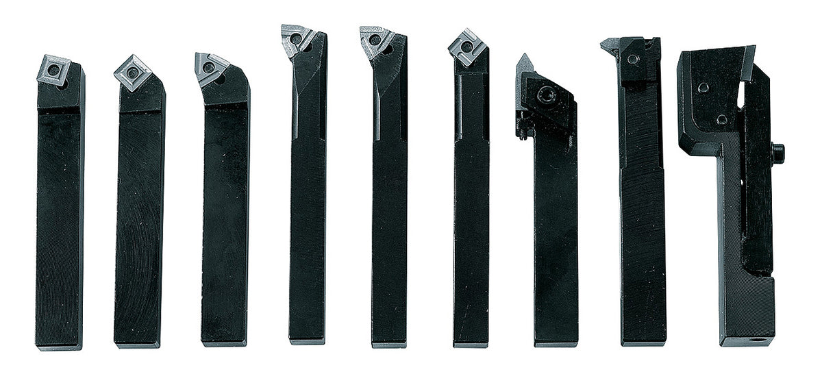 Set utensili da tornitura Bernardo 12 mm composto da 9 utensili in acciaio con inserti in metallo duro, forniti in elegante cassetta di legno.
