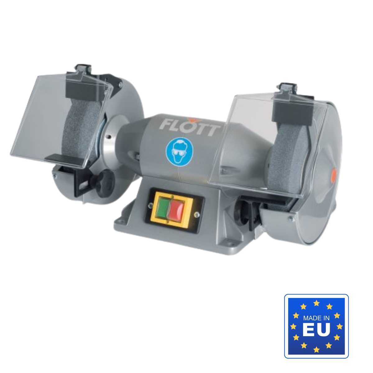 Smerigliatrice doppia Flott TS 175 SW, alimentazione 230 V, con protezioni laterali chiuse e mole a grana grossa e fine.