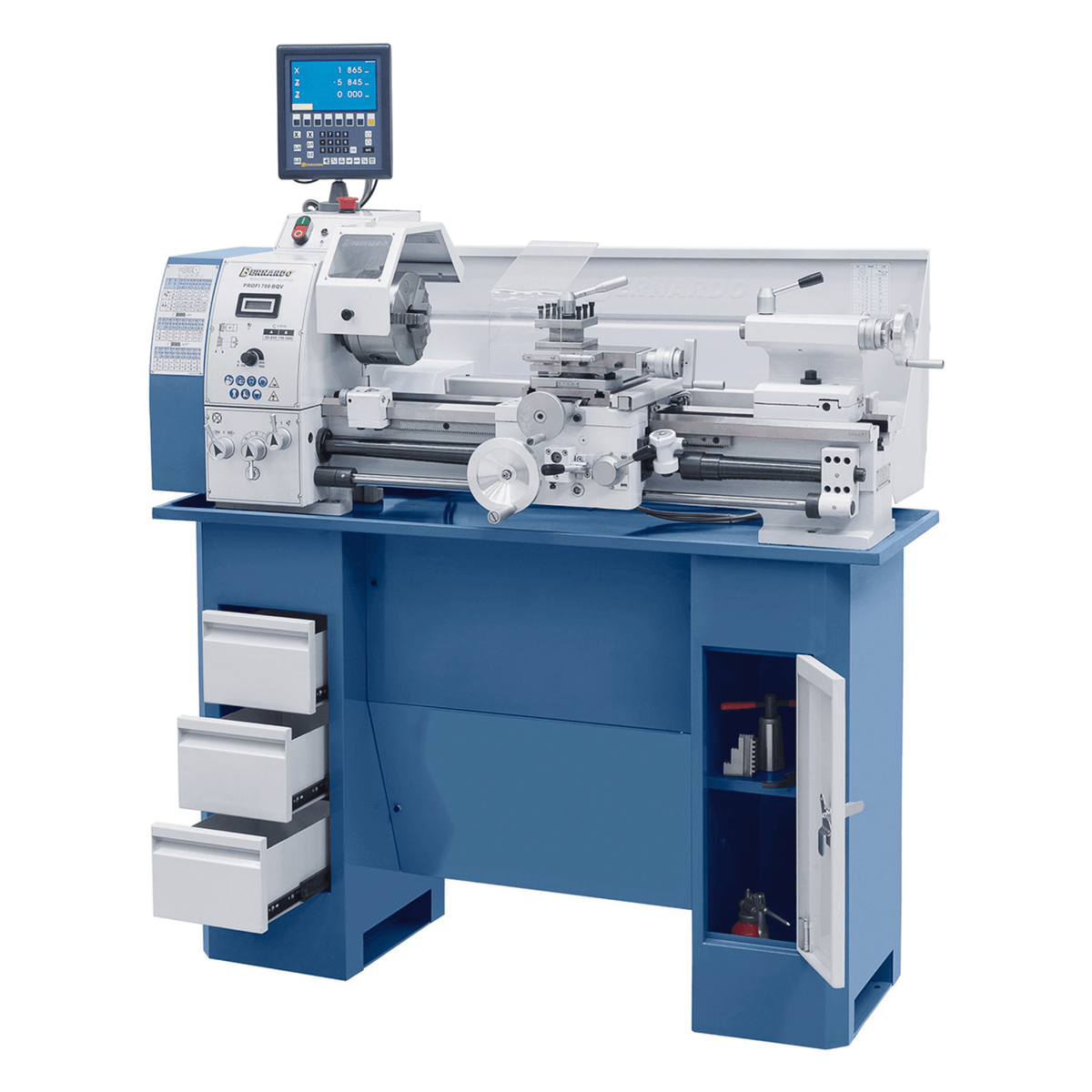 Tornio Bernardo Profi 700 BQV con distanza tra le punte di 700 mm e visualizzatore digitale a 2 assi, ideale per lavorazioni di precisione su metalli.