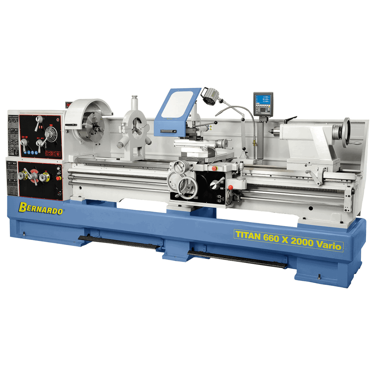 Tornio parallelo pesante Bernardo TITAN 800 x 2000 Vario con foro mandrino 105 mm, inverter e accessori completi.