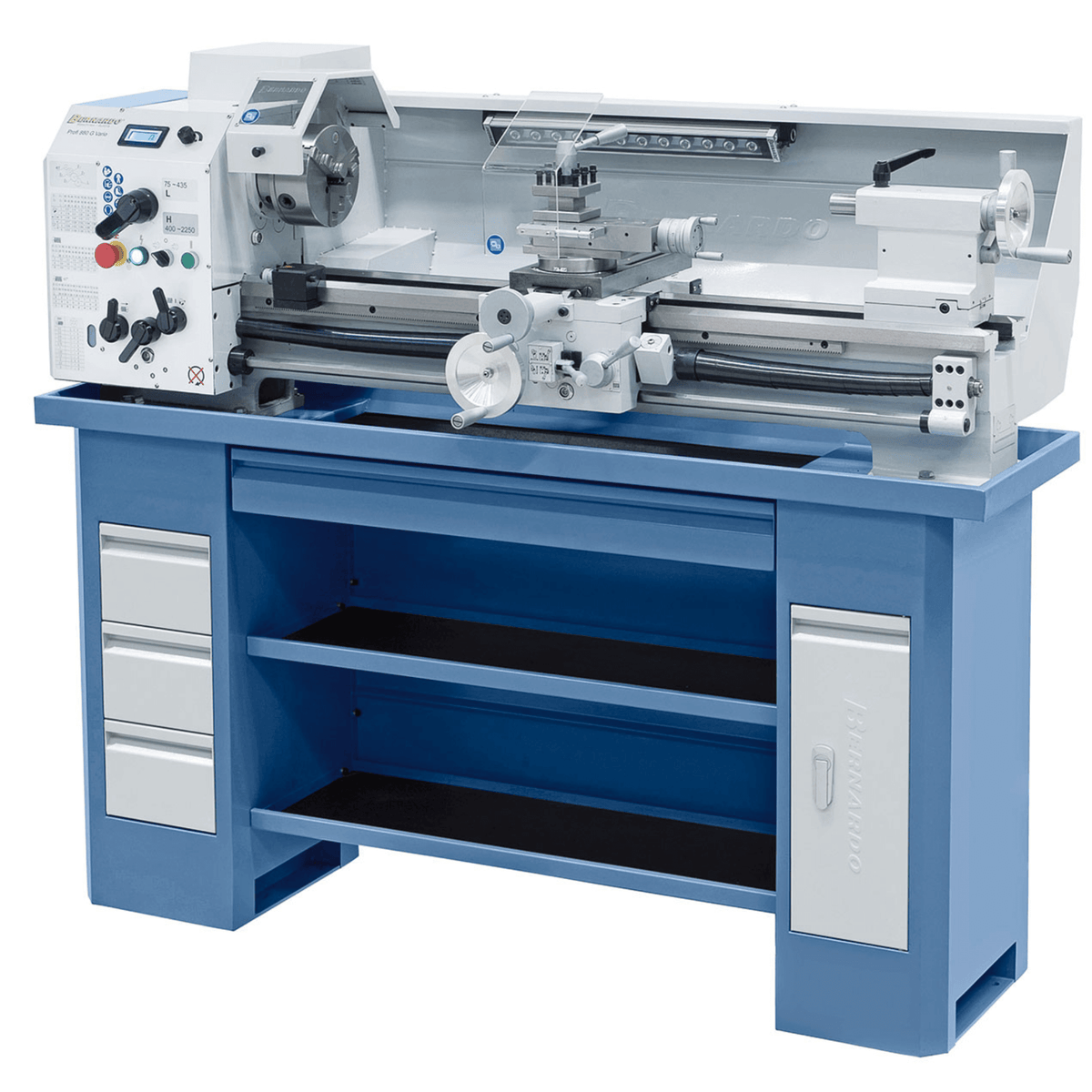 Vista frontale del tornio Profi 880 G Vario con bancale rinforzato, foro mandrino Ø 38 mm, indicatore digitale della velocità e lampada LED.