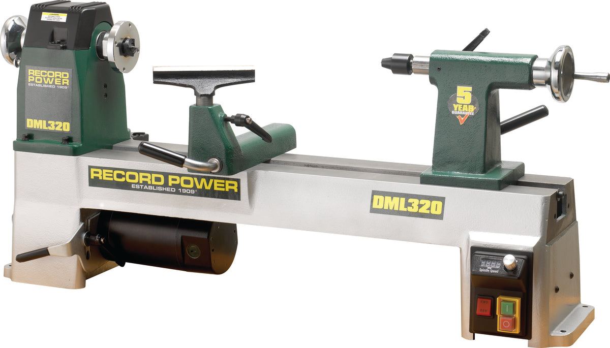 Tornio per legno Record Power DML320 in ghisa con velocità variabile elettronica, capacità di tornitura fino a 320 mm e mandrino M33, ideale per lavorazioni precise.