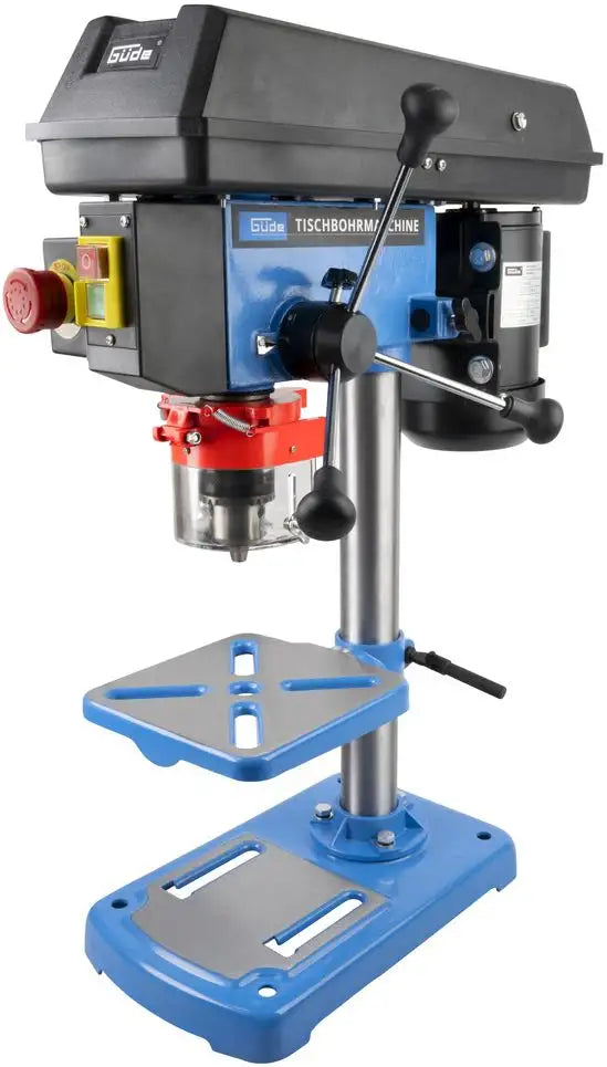 Trapano da banco Guede GTB 14/509 con trasmissione a cinghia, tavolo inclinabile ±45°, mandrino da 16 mm e motore da 500 W.