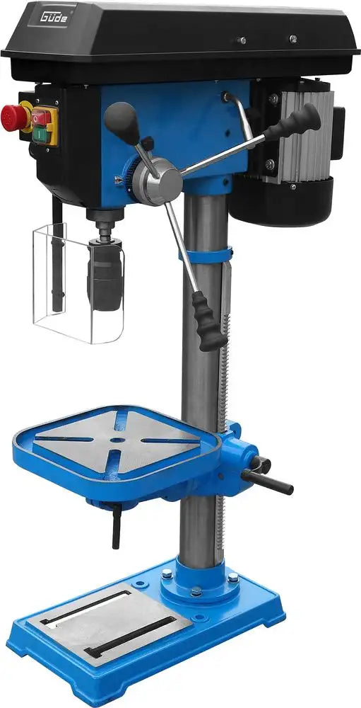 Trapano a colonna Guede GTB 20/812 con motore 800 W, tavolo inclinabile e 12 velocità, ideale per forature di precisione su legno e metallo.