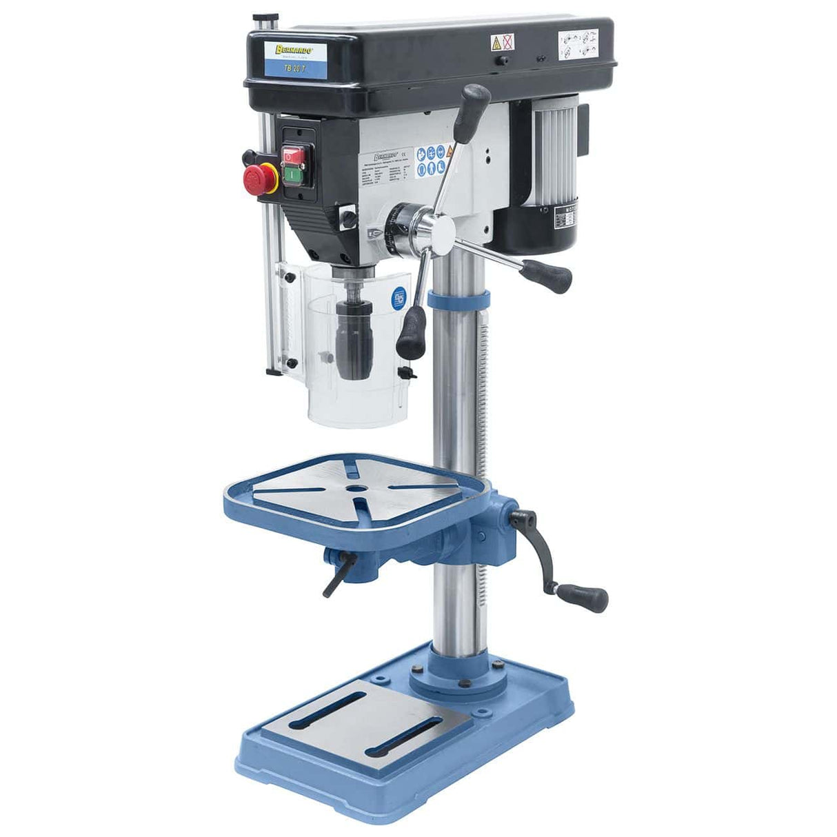 Trapano da banco Bernardo TB 20 T / 400 V con capacità di foratura Ø 20 mm, piano inclinabile ±45°, rotazione R/L e base con cave a T per pezzi oversize.