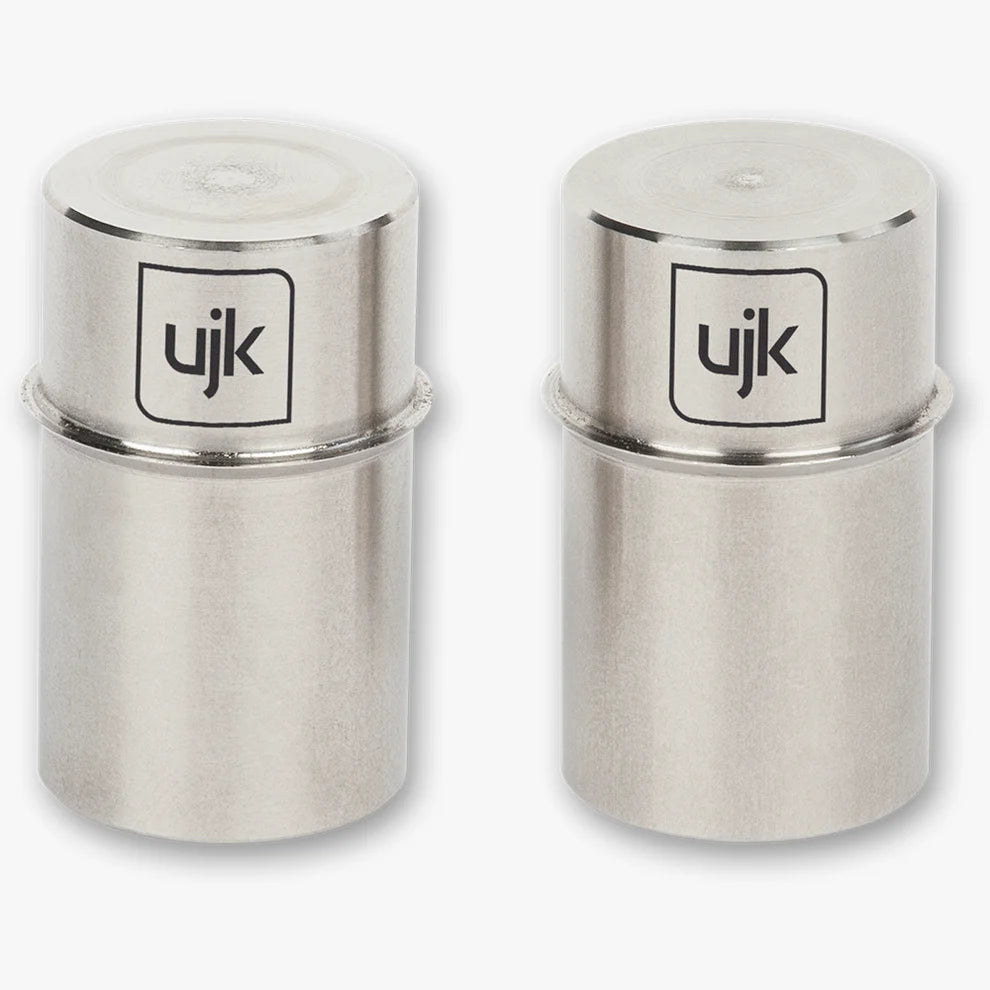 Coppia di spine di riferimento da 12 mm UJK in acciaio inossidabile 303 con collare di arresto fresato, diametro 20 mm, profilo ridotto per piani multifunzione con fori smussati