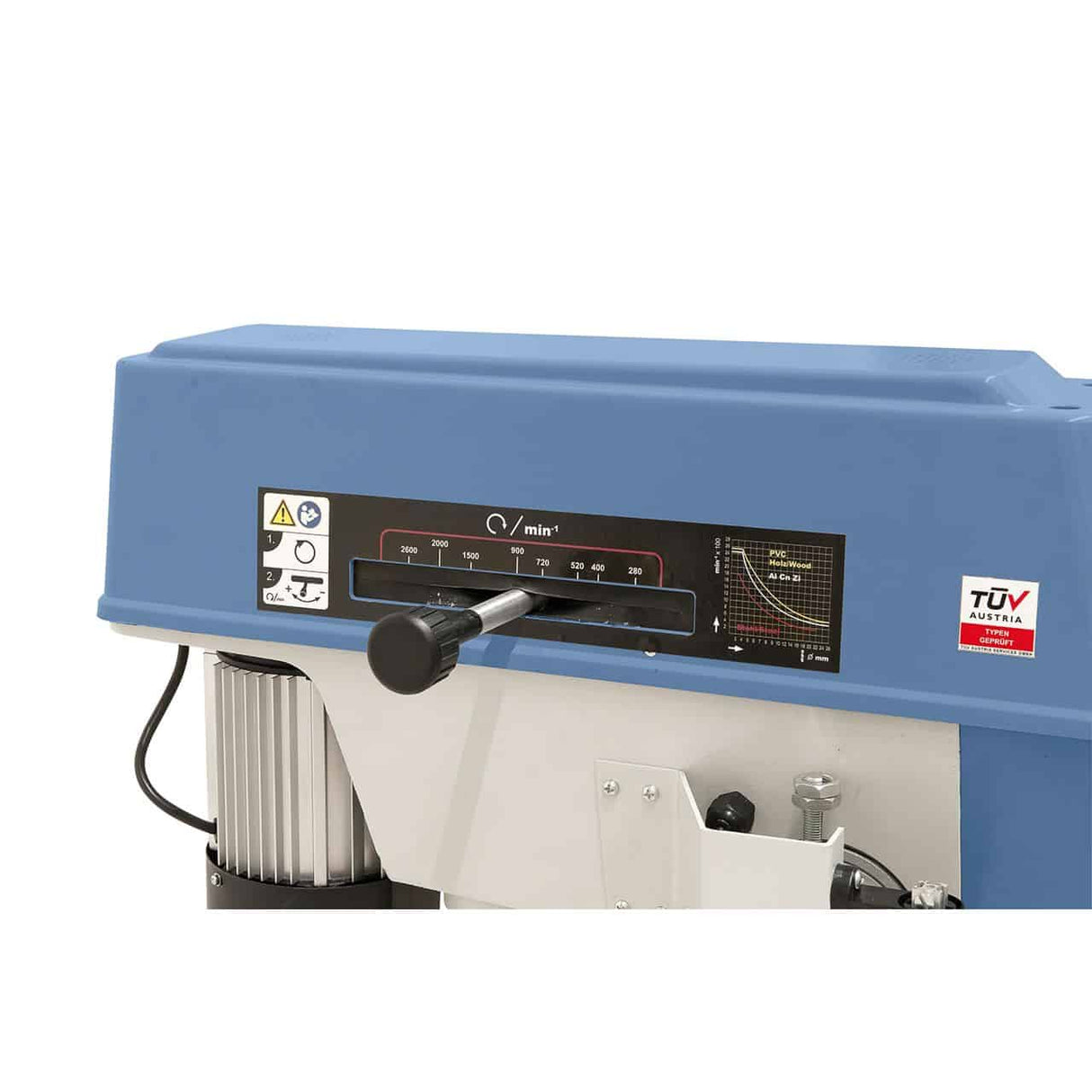 Bernardo B 430 Vario Säulenbohrmaschine mit 360°-Drehtisch – Bohrdurchmesser 25 mm, MT 3 Kegel, Dauerdrehzahl 280–2600 U/min, Spindel 3-16/B16, Spindel-Sockel-Abstand 1250 mm, 0,75 kW 400-V-Motor, Gewicht 100 kg