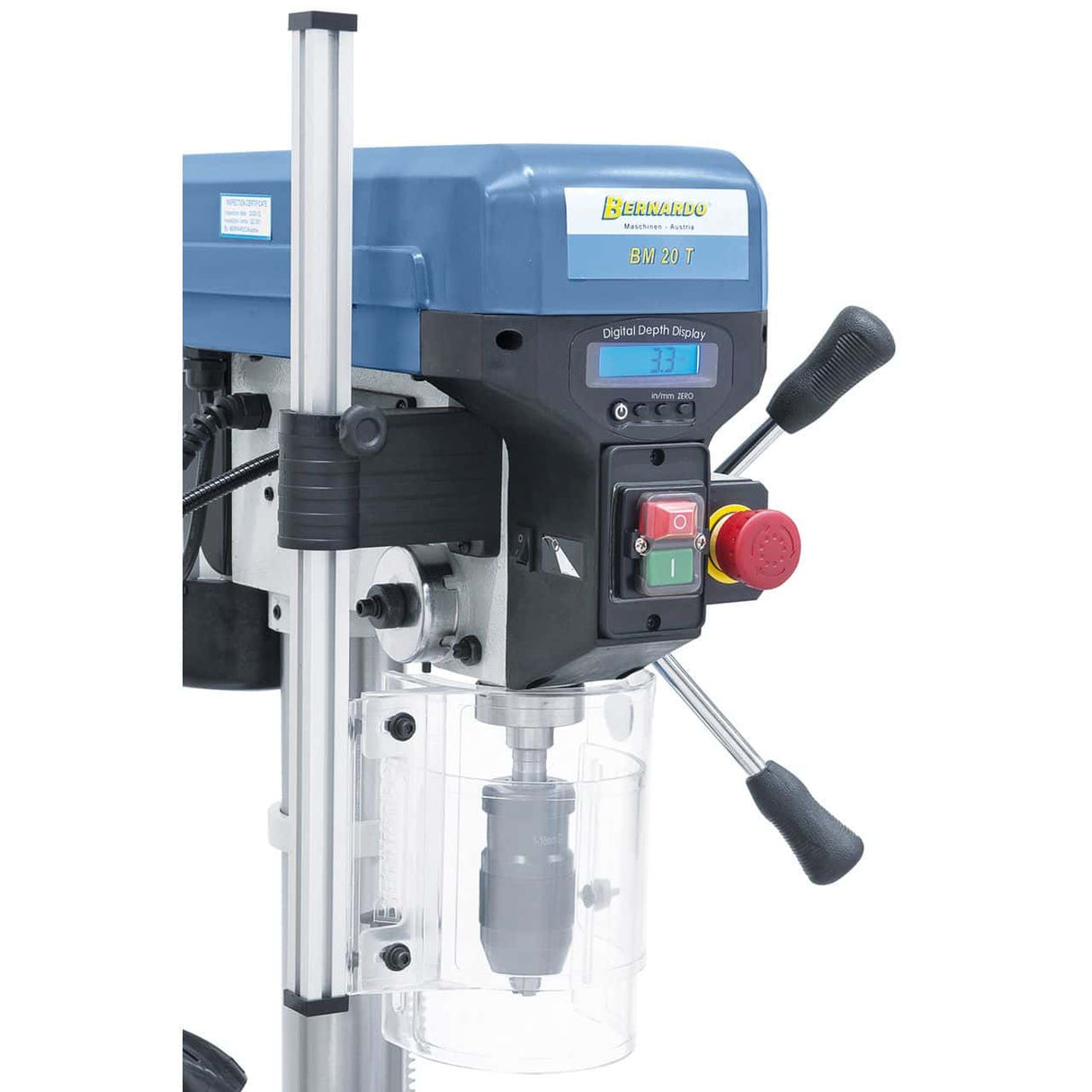 Bernardo BM 20 T / 400 V Tischbohrmaschine mit Digitalanzeige und LED – Bohrer Ø 20 mm, MT 2 Kegel, 16 Drehzahlstufen 220–2840 U/min, 0,55 kW 400-V-Drehstrommotor, Gewicht 45 kg