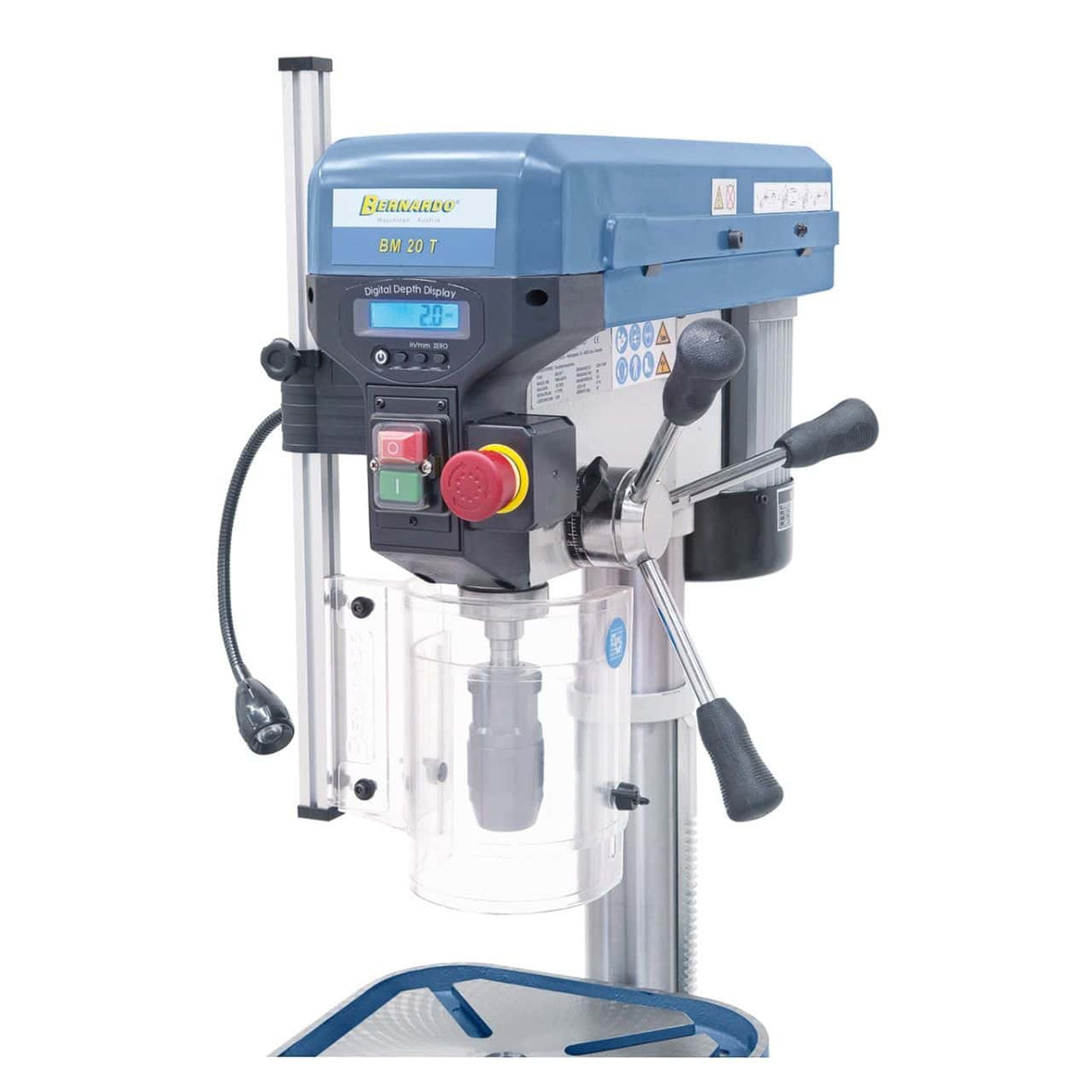 Bernardo BM 20 T / 400 V Tischbohrmaschine mit Digitalanzeige und LED – Bohrer Ø 20 mm, MT 2 Kegel, 16 Drehzahlstufen 220–2840 U/min, 0,55 kW 400-V-Drehstrommotor, Gewicht 45 kg