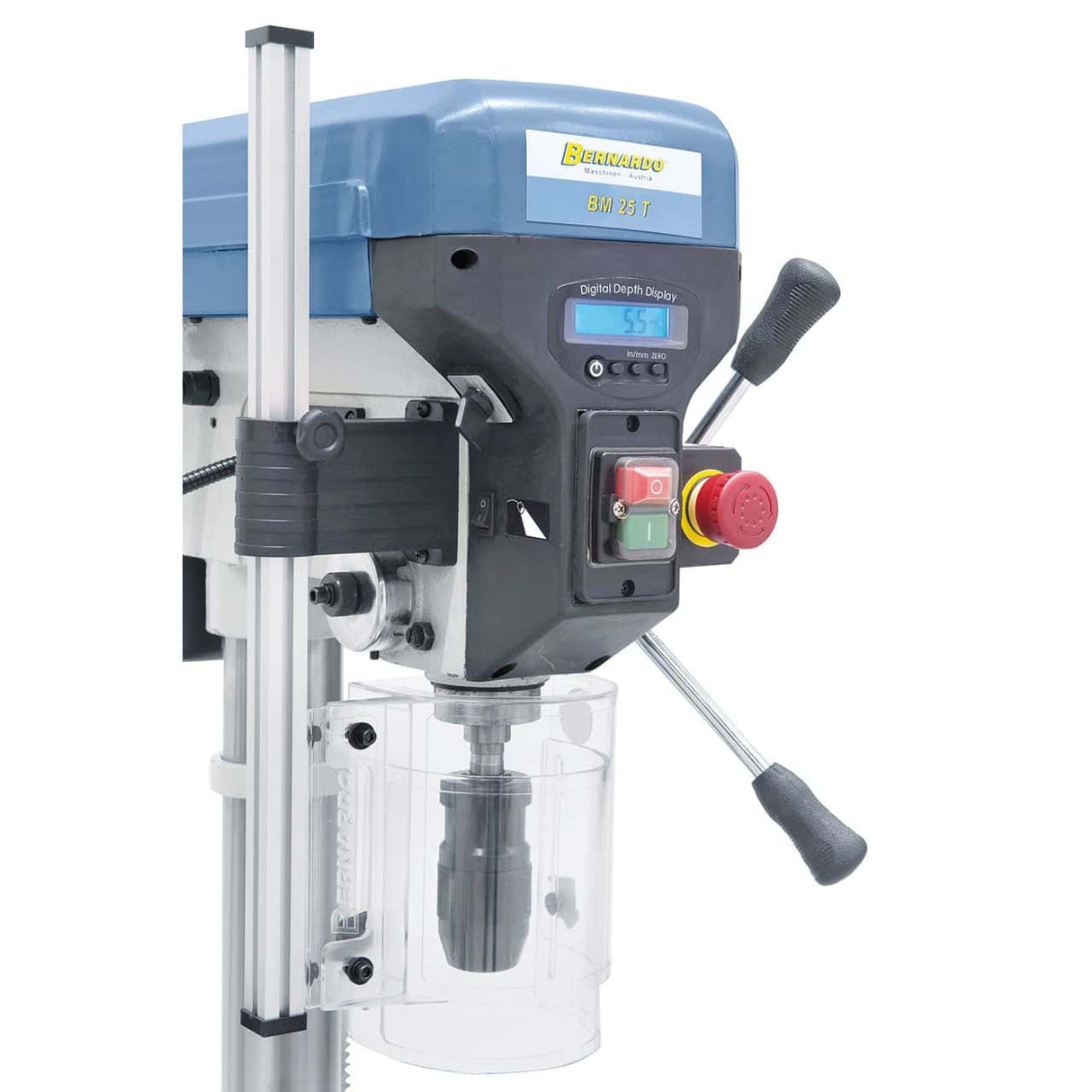 Bernardo BM 25 T / 400 V Tischbohrmaschine mit Digitalanzeige und LED – Bohrer Ø 25 mm, MT 2 Kegel, 16 Geschwindigkeiten 220–2840 U/min, 0,75 kW 400-V-Drehstrommotor, Rechts-/Linkslauf, Gewicht 57 kg