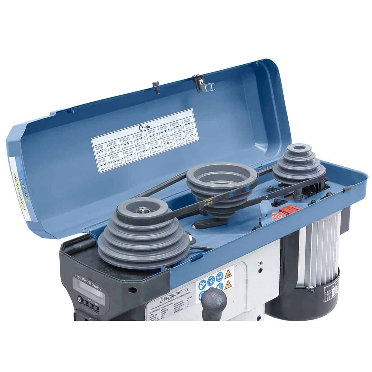 Bernardo BM 25 T / 400 V Tischbohrmaschine mit Digitalanzeige und LED – Bohrer Ø 25 mm, MT 2 Kegel, 16 Geschwindigkeiten 220–2840 U/min, 0,75 kW 400-V-Drehstrommotor, Rechts-/Linkslauf, Gewicht 57 kg